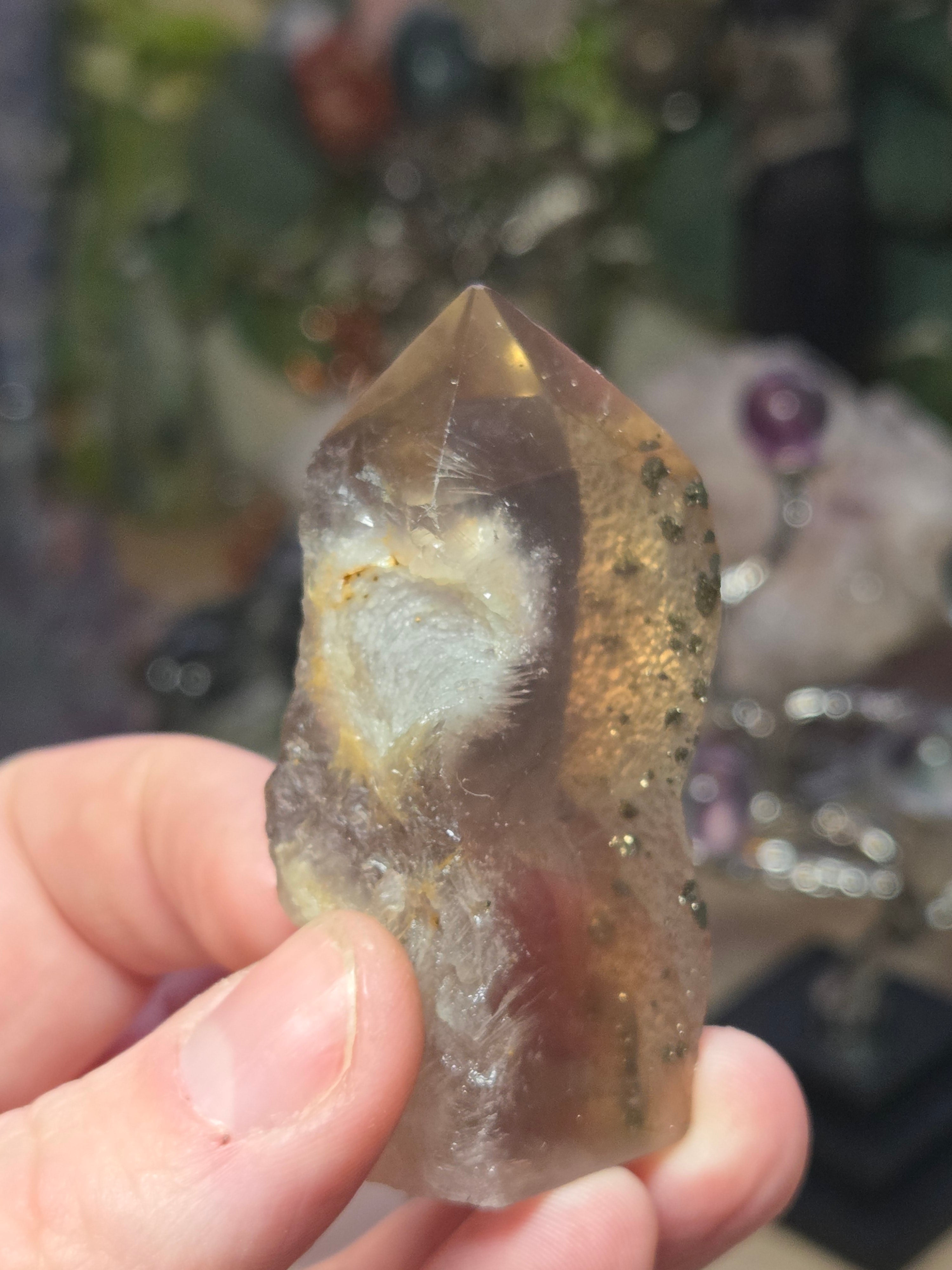 Raw Flourite crystal tower with pyrite