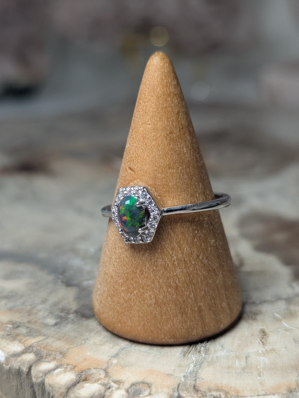 Black opal crystal adjustable ring - Silver