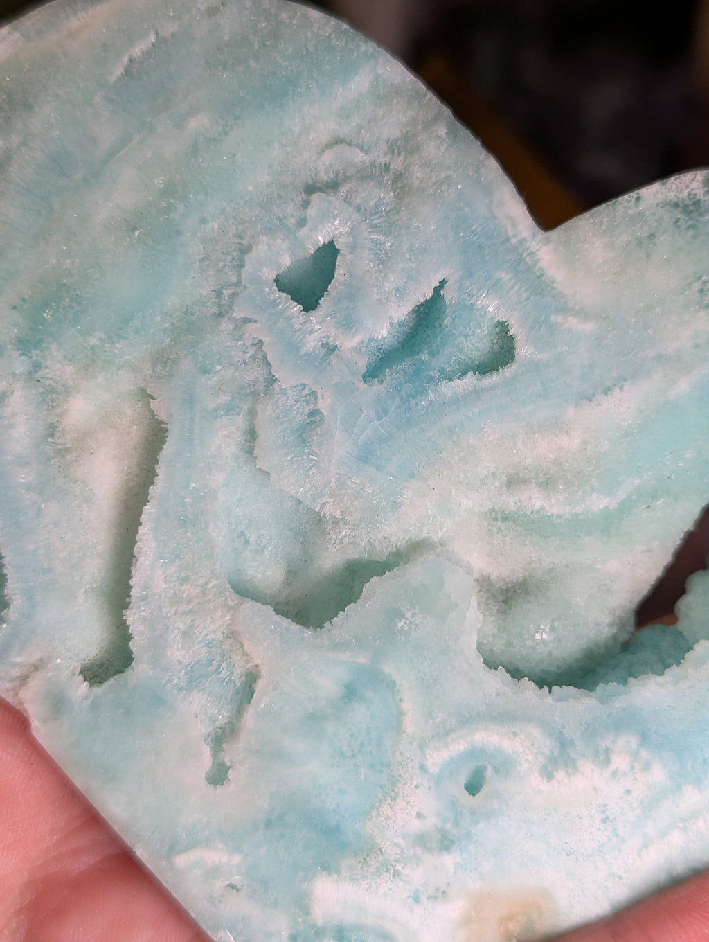 Hemimorphite crystal heart carving with stand