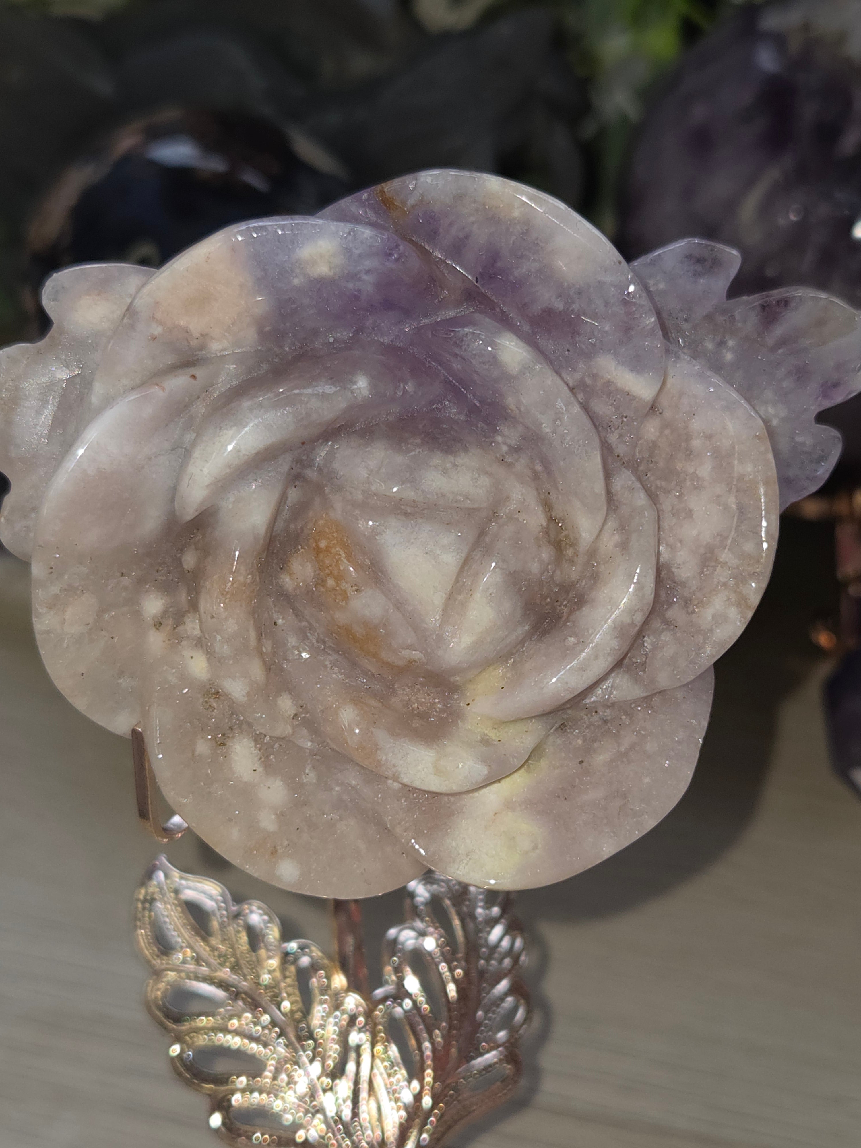 Amethyst Flower agate crystal rose carving with stand