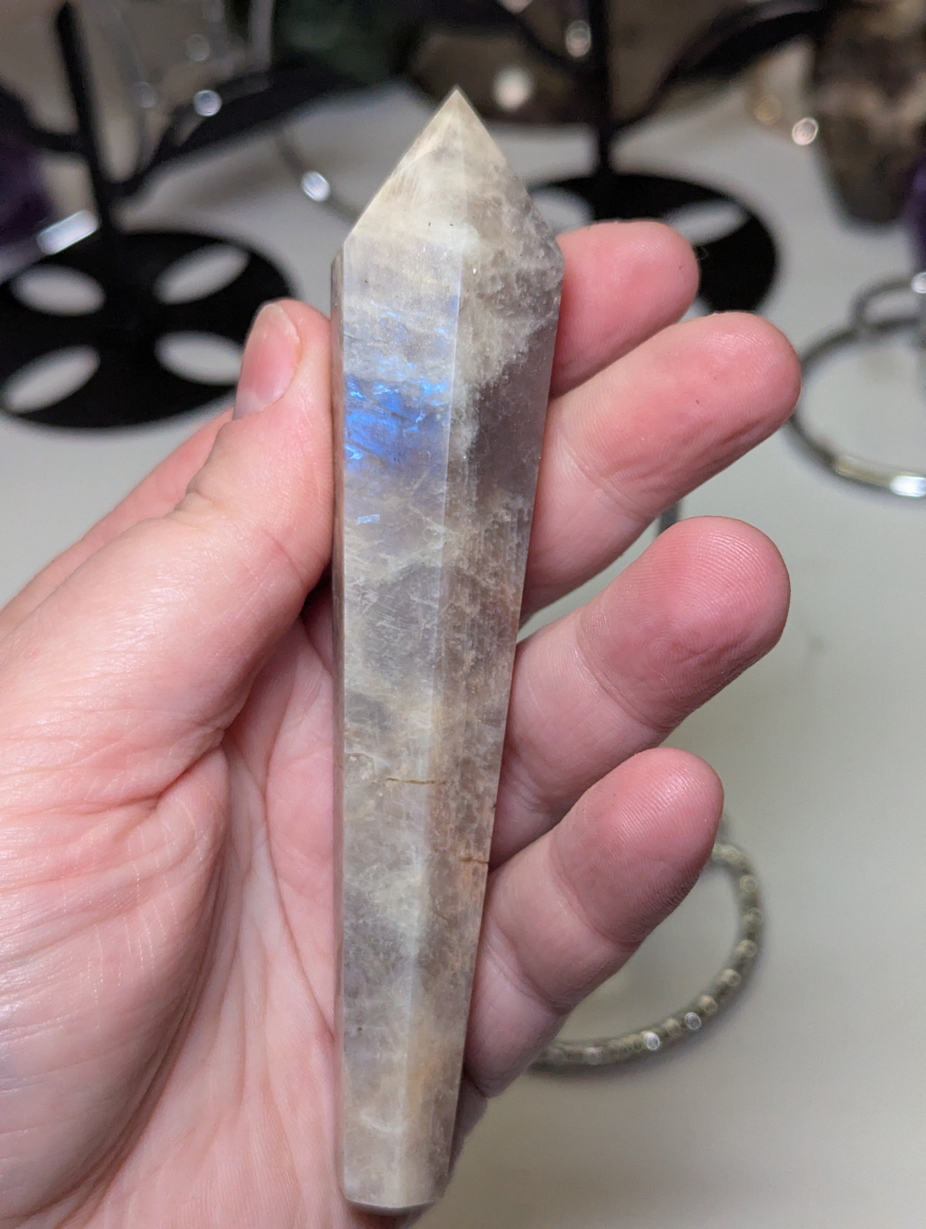 Sunstone and moonstone crystal wand with stand