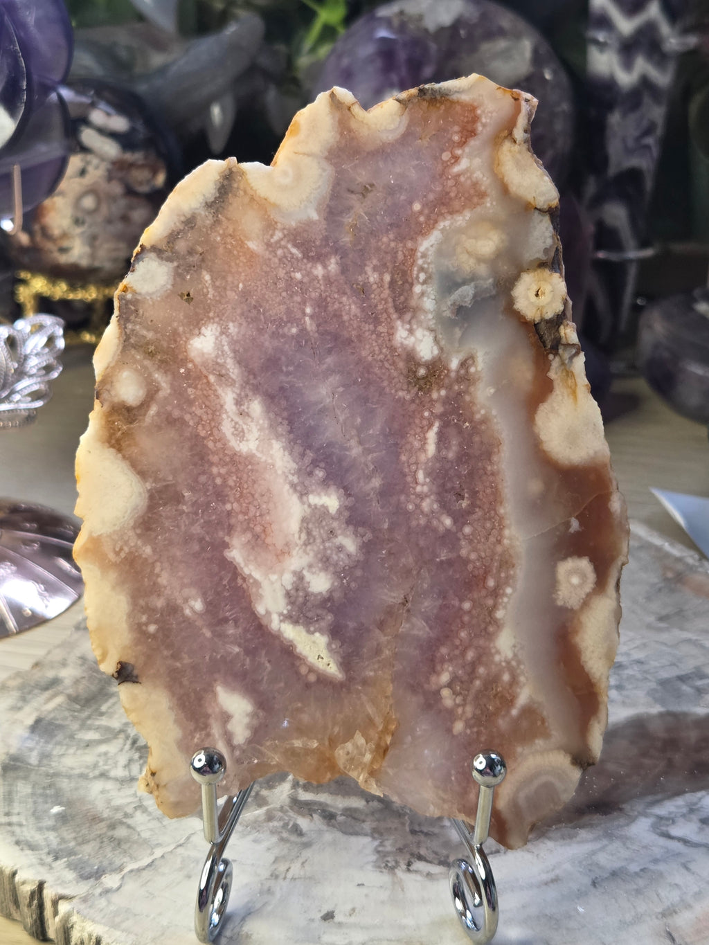 Rare pink flower amethyst crystal slice