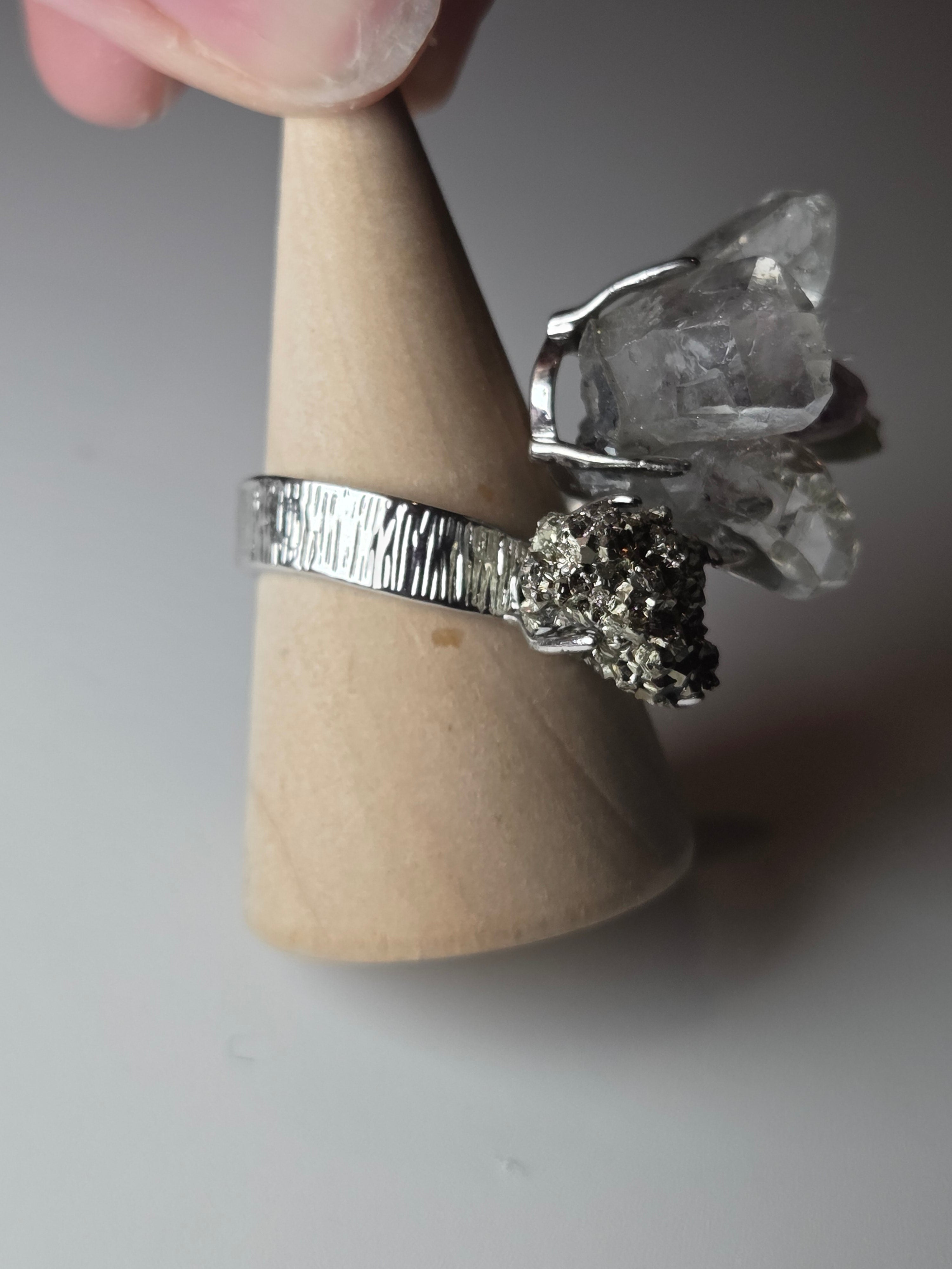 Specimen adjustable ring including super 7, quartz and pyrite