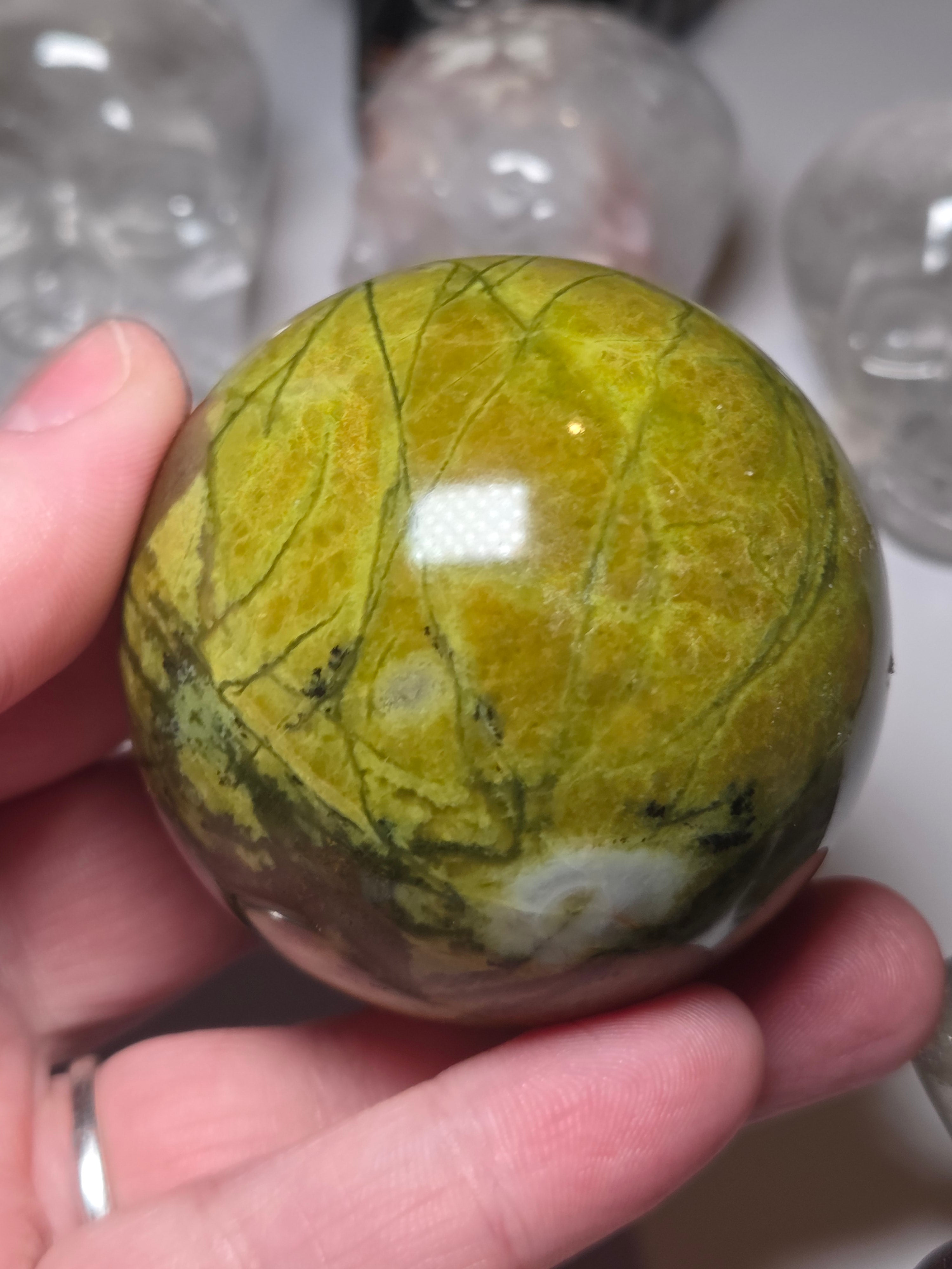 Green Opal crystal sphere carving with Stand