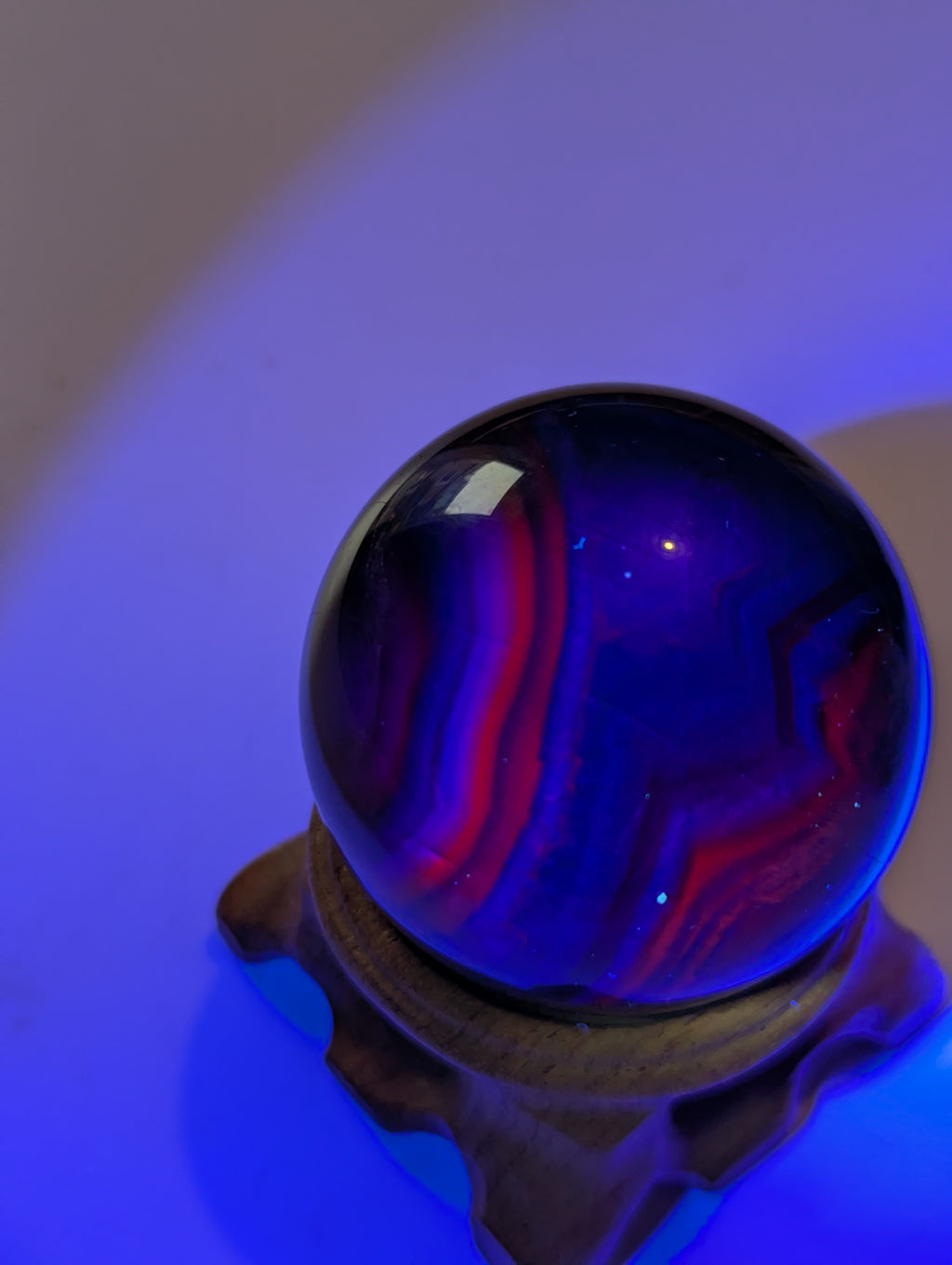 Black rose flourite crystal sphere with stand UV reactive
