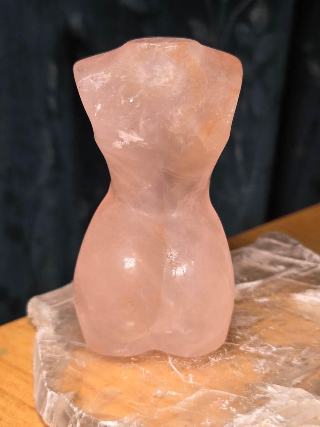 Rose quartz crystal female body carving with golden healer