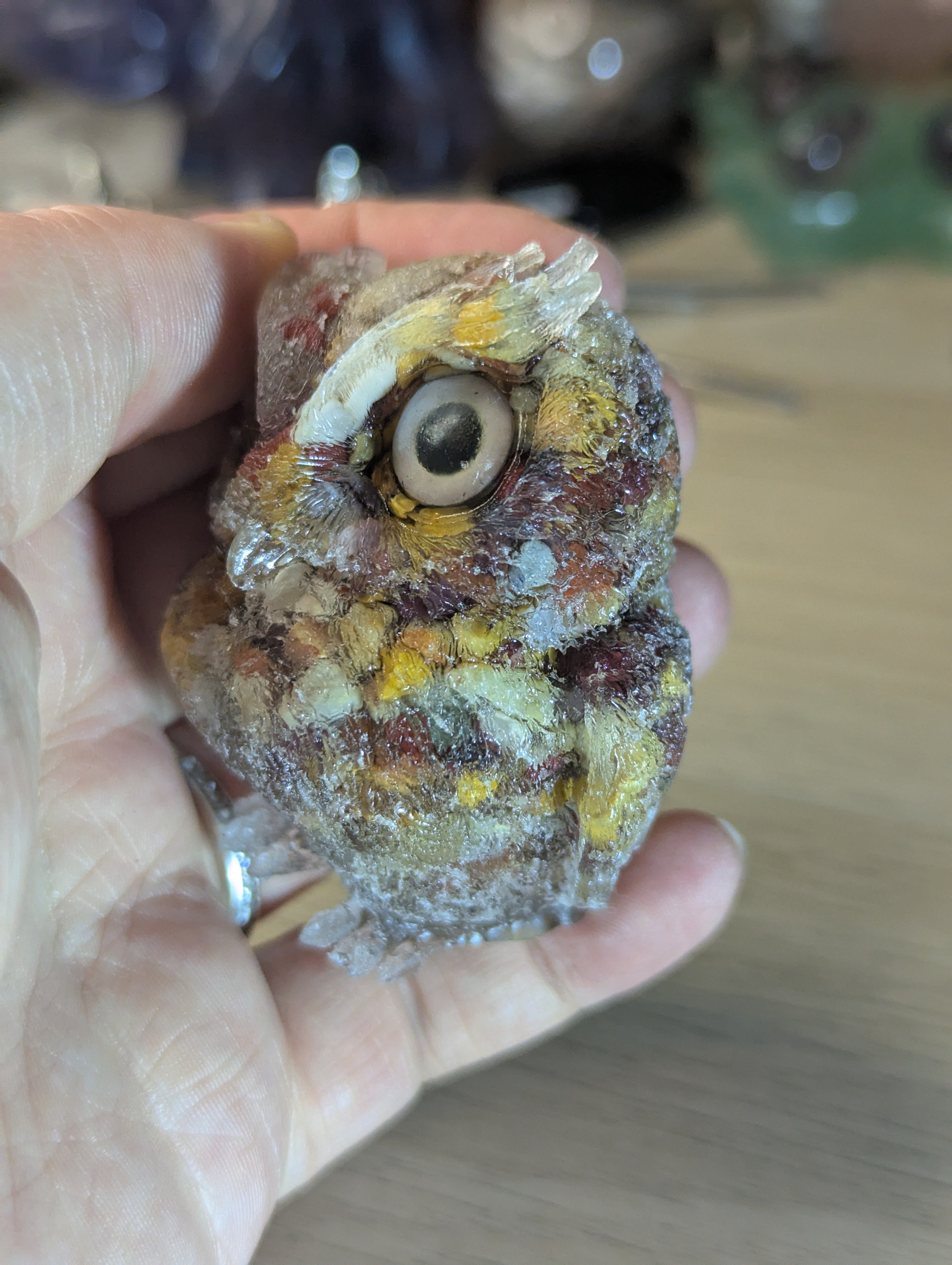 Mookaite crystal owl carving in Resin
