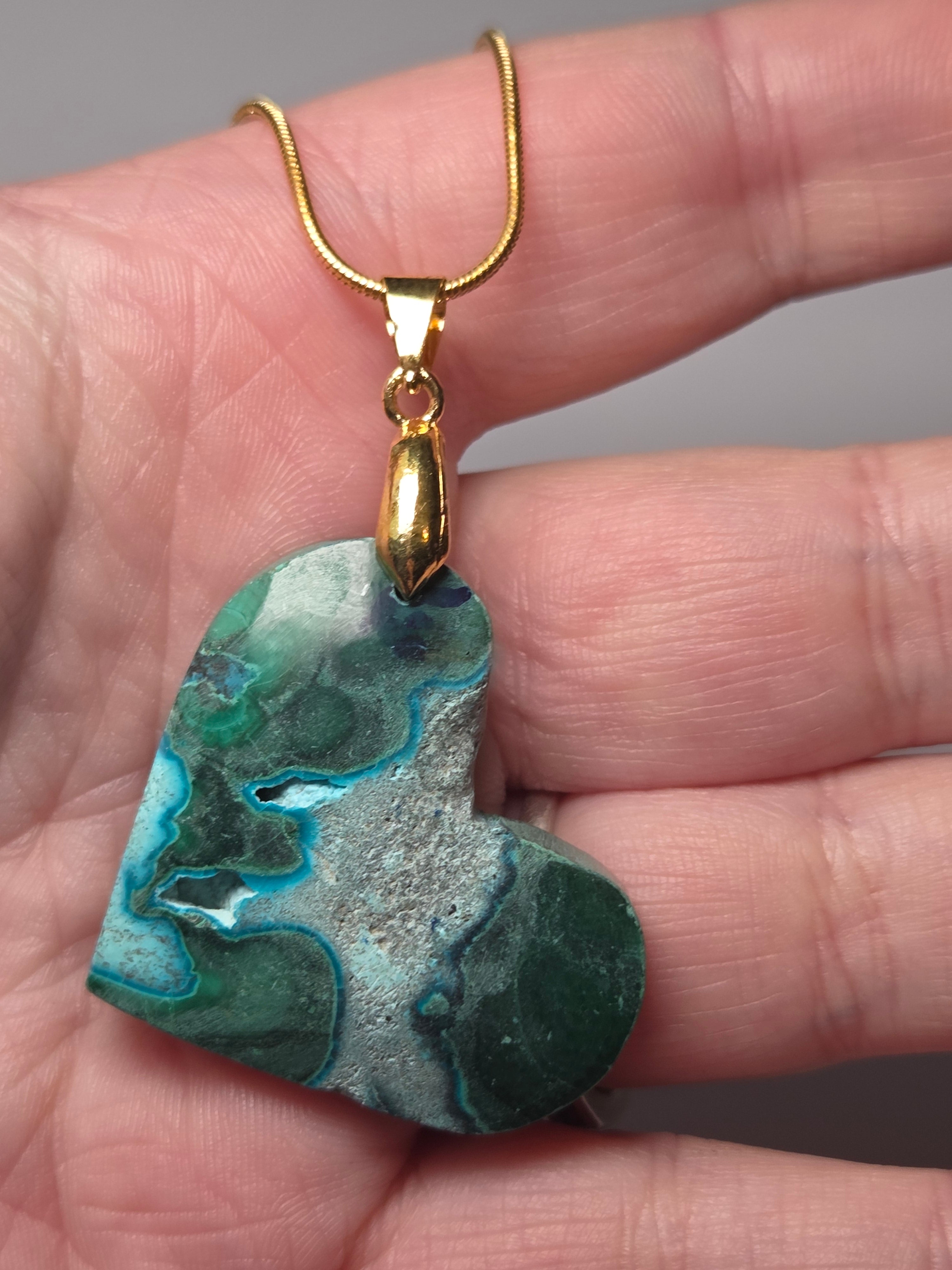 Chrysocolla crystal heart necklace