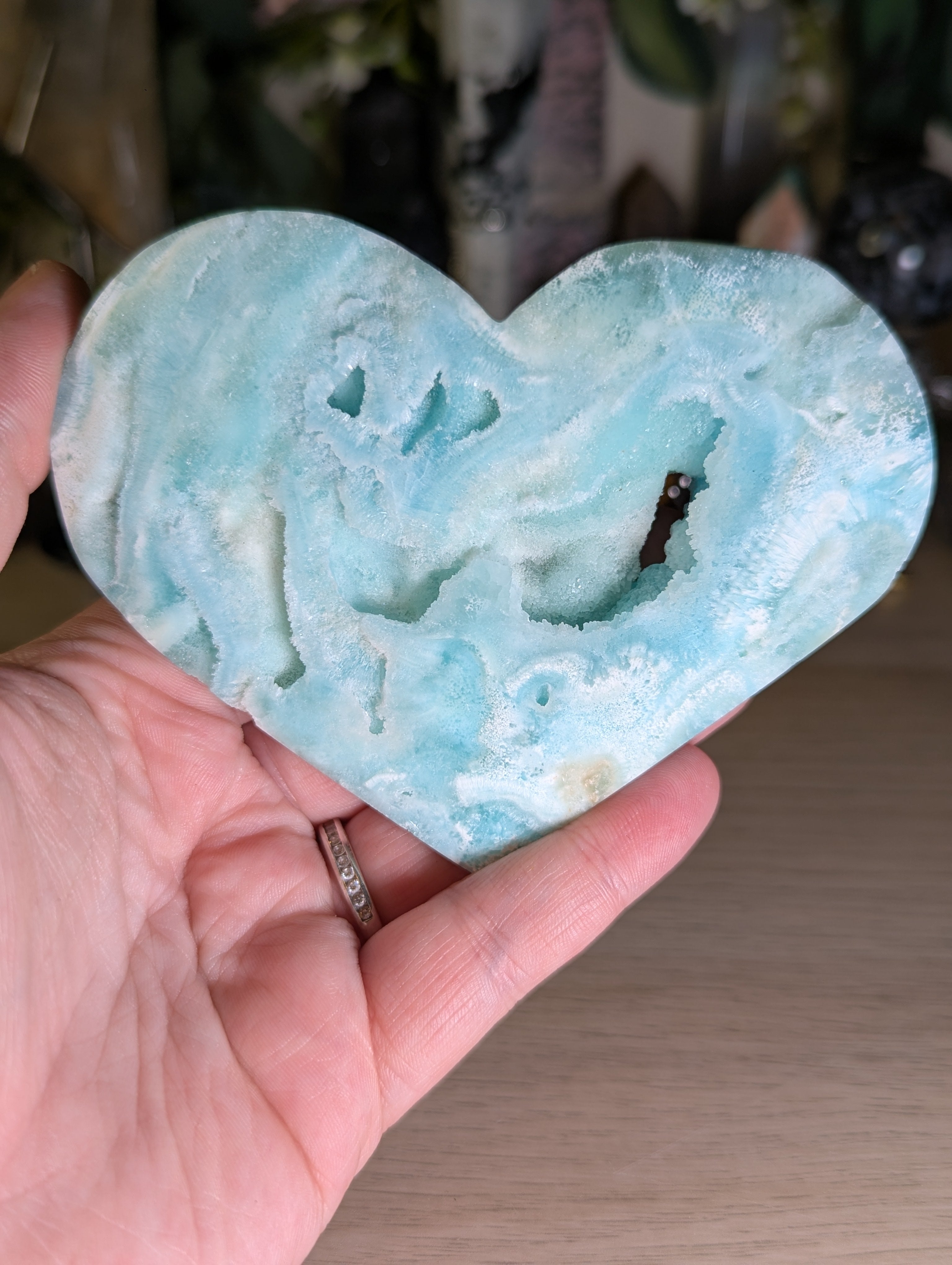 Hemimorphite crystal heart carving with stand