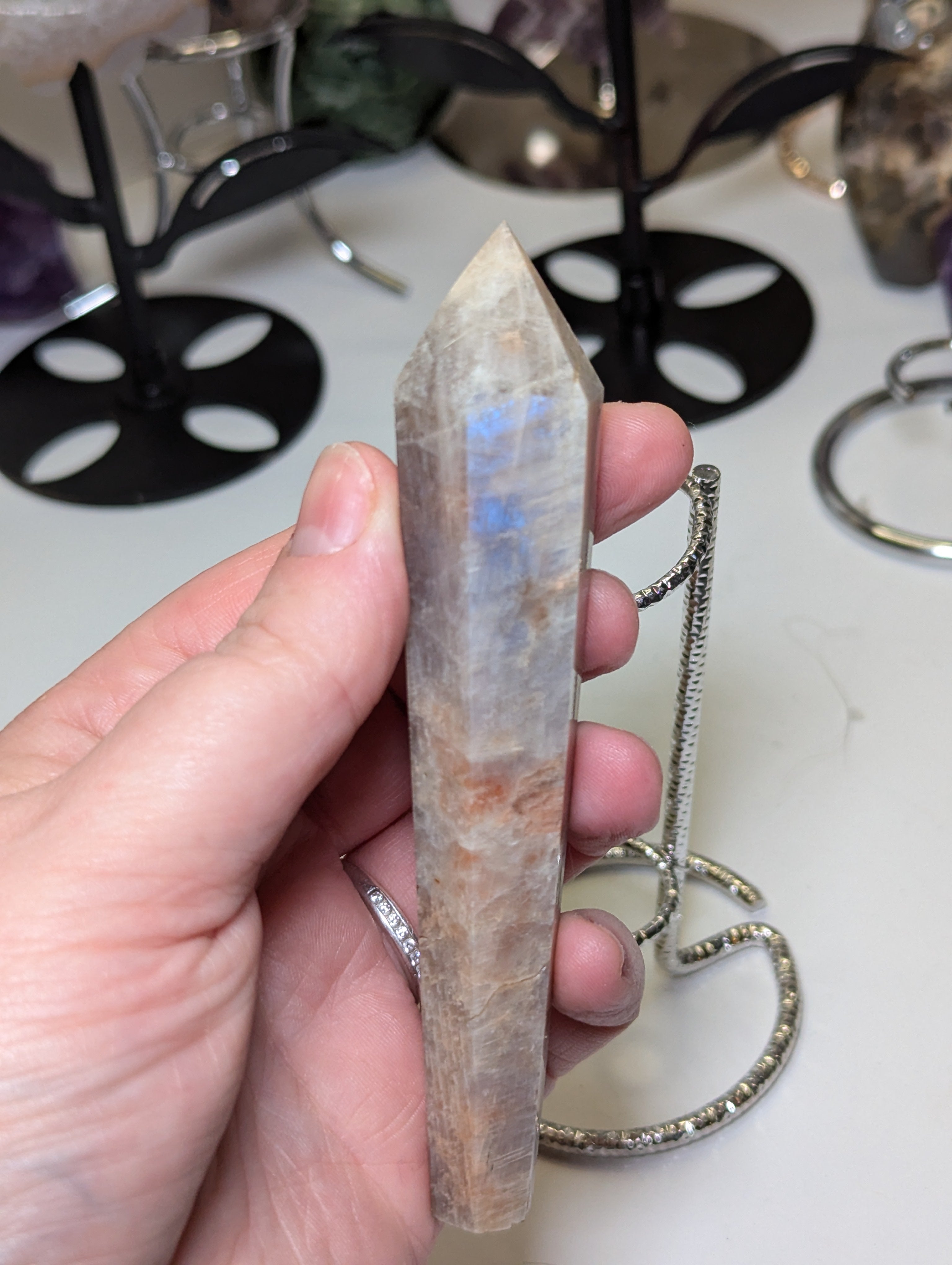 Sunstone and moonstone crystal wand with stand