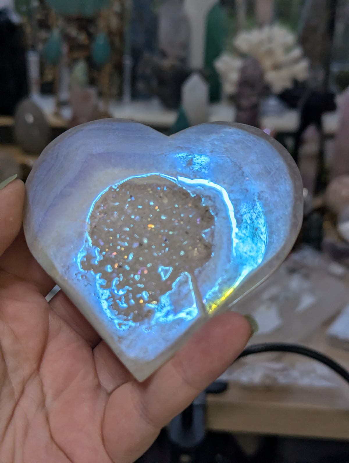 Aura agate crystal heart carving with Stand