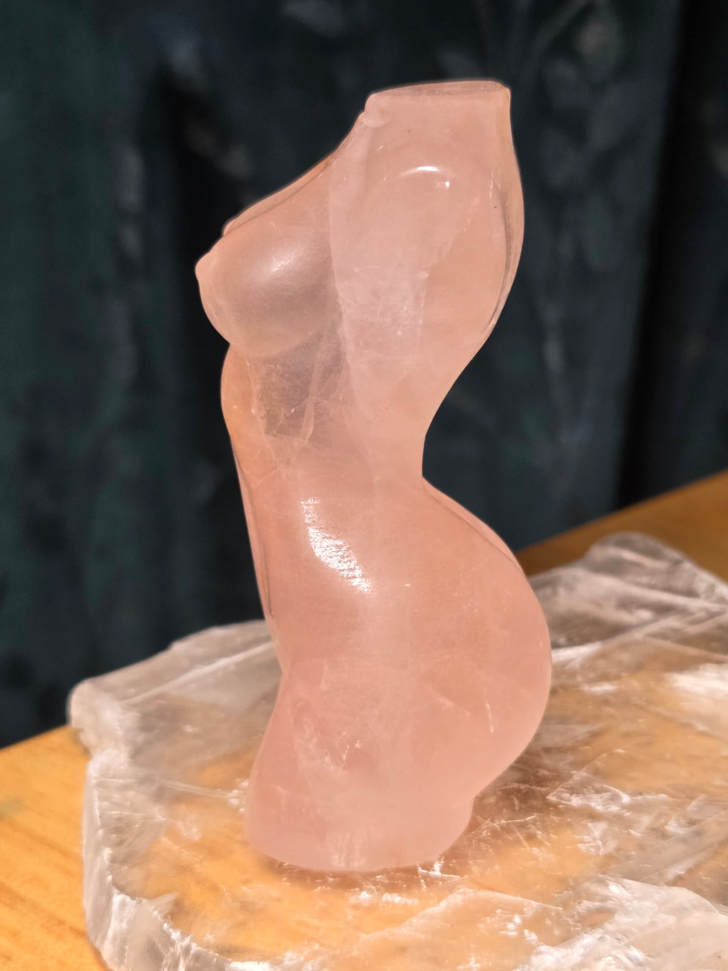 Rose quartz crystal female body carving with golden healer