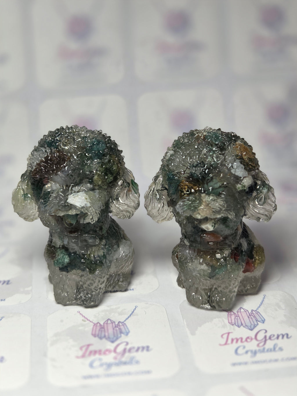 Moss agate crystal teddy dogs  set of 2