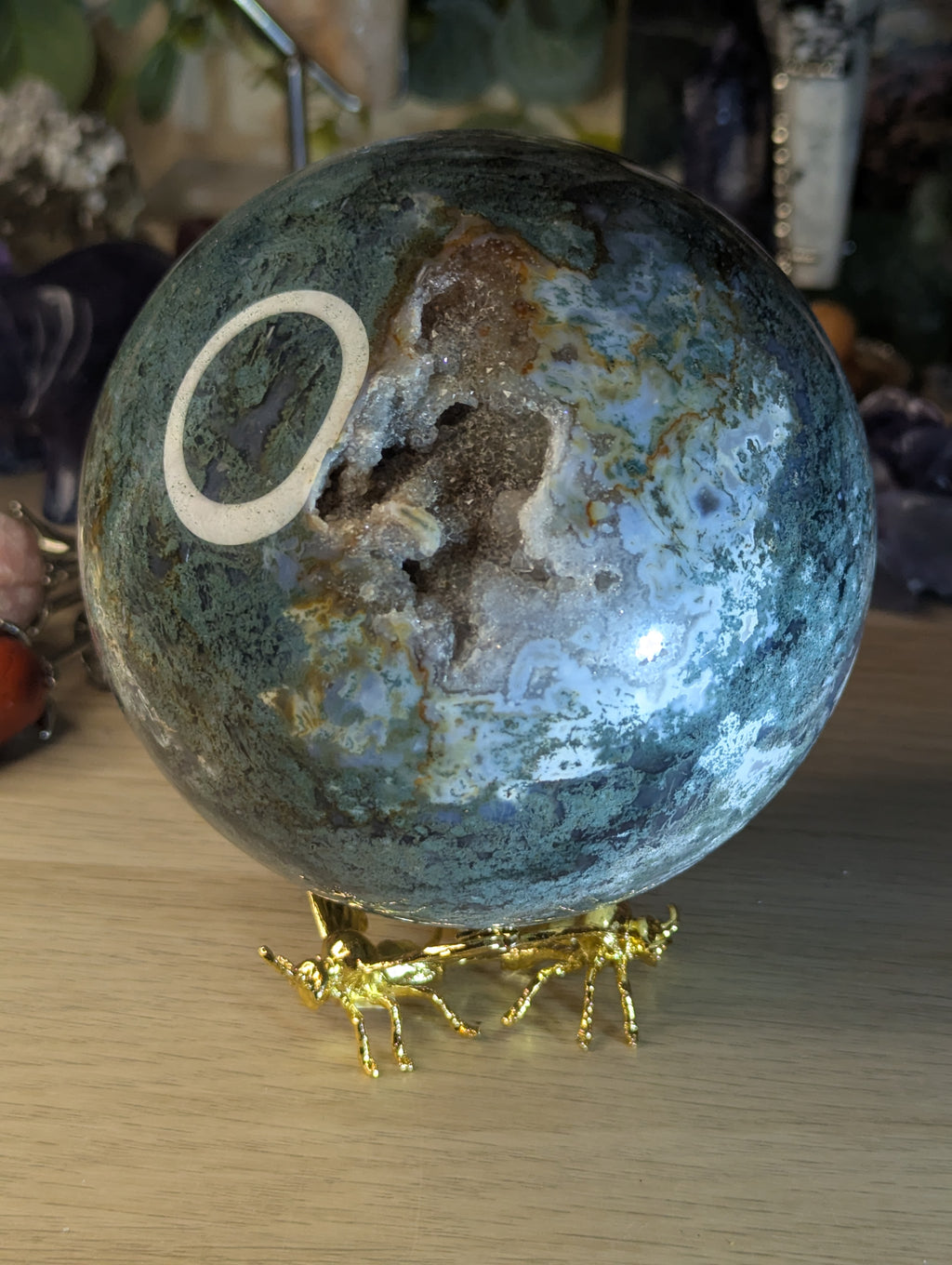 New 50% off on check out XL Moss Agate crystal sphere with stand over 13cm