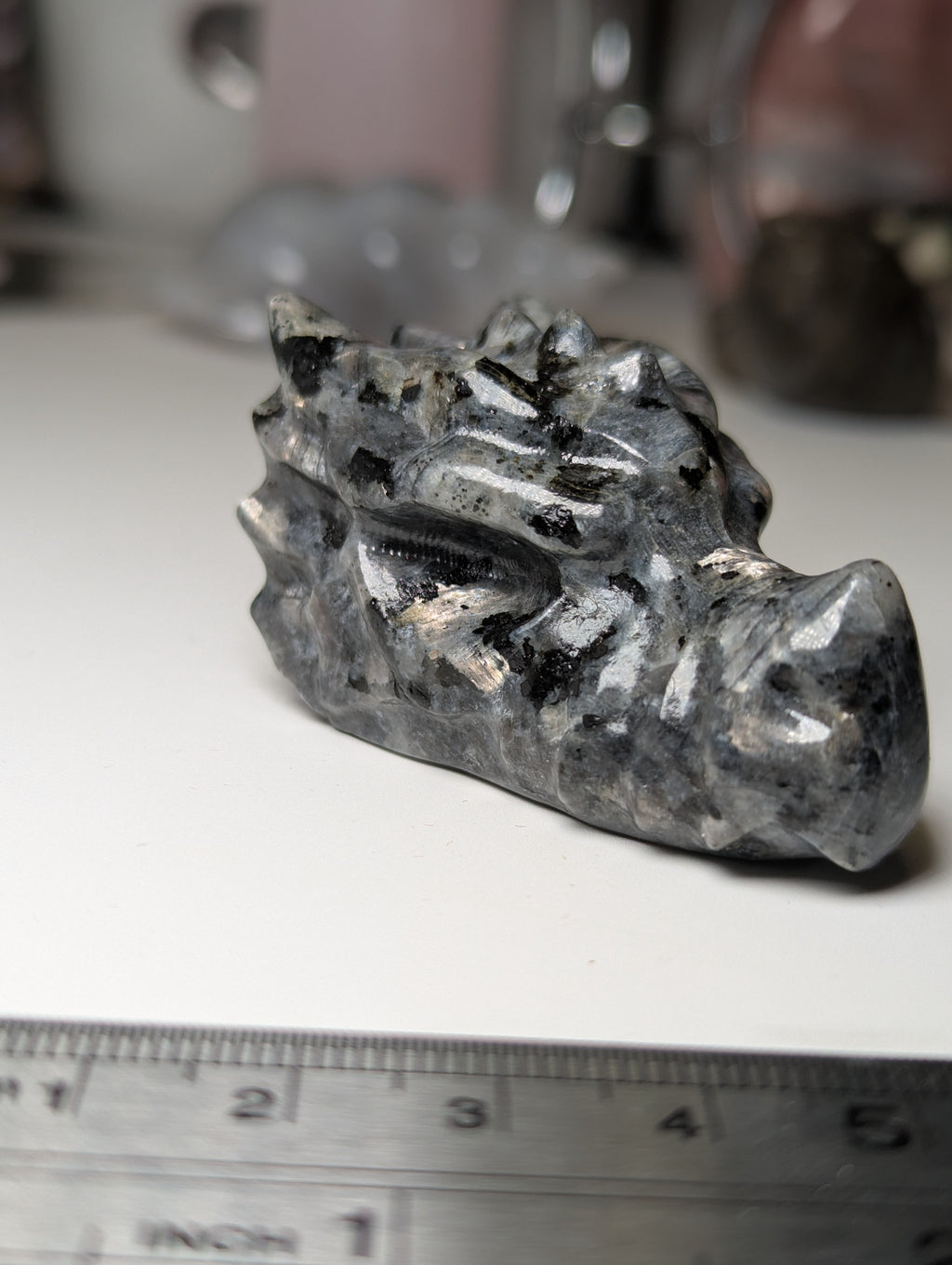Larvakite crystal dragon head carving