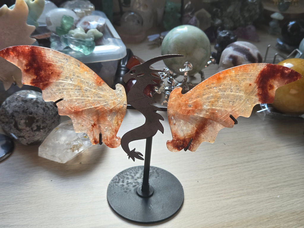 Amazing Fire Quartz crystal dragon wing carving
