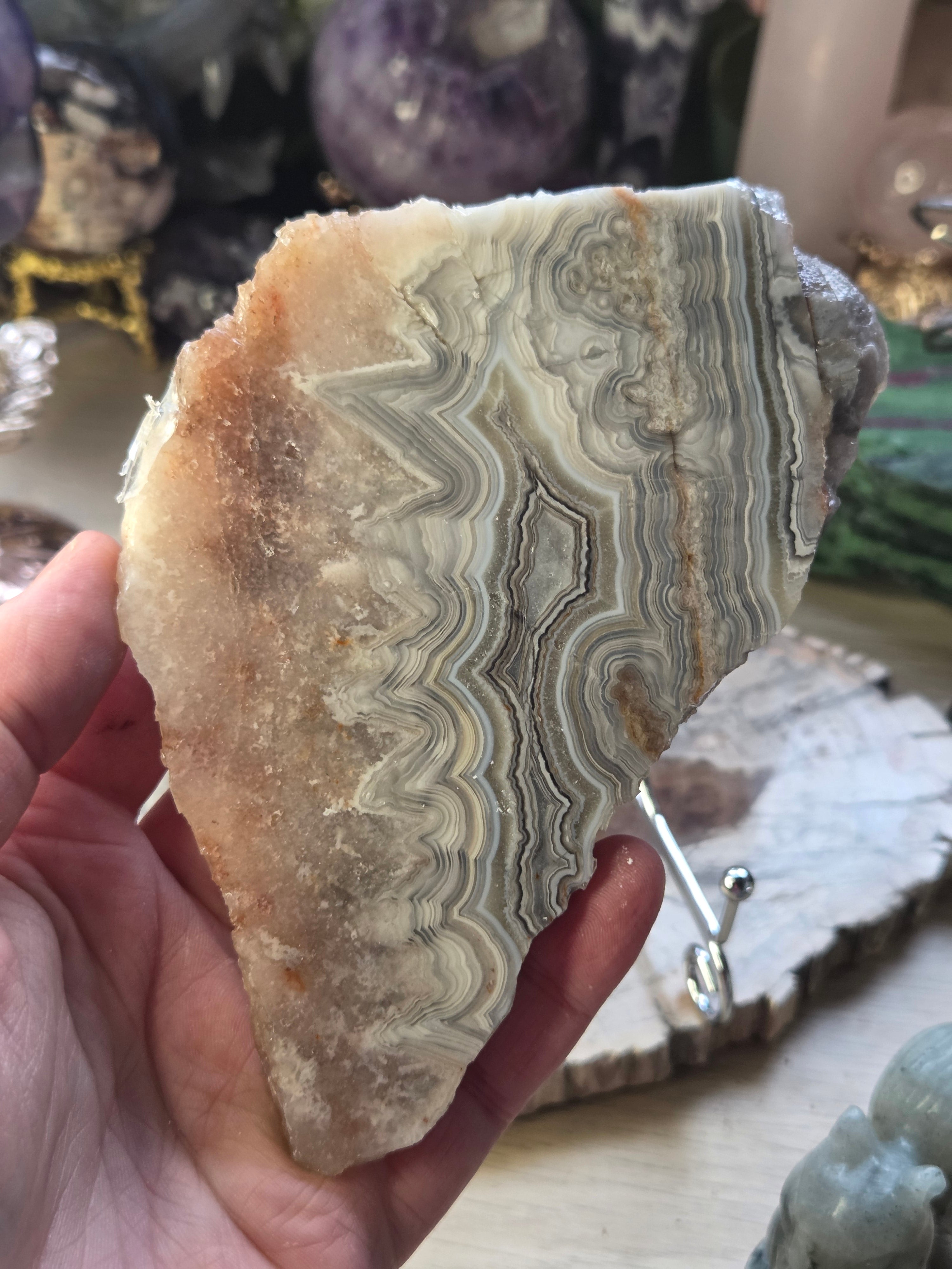Mexican crazy lace agate with pink amethyst with stand