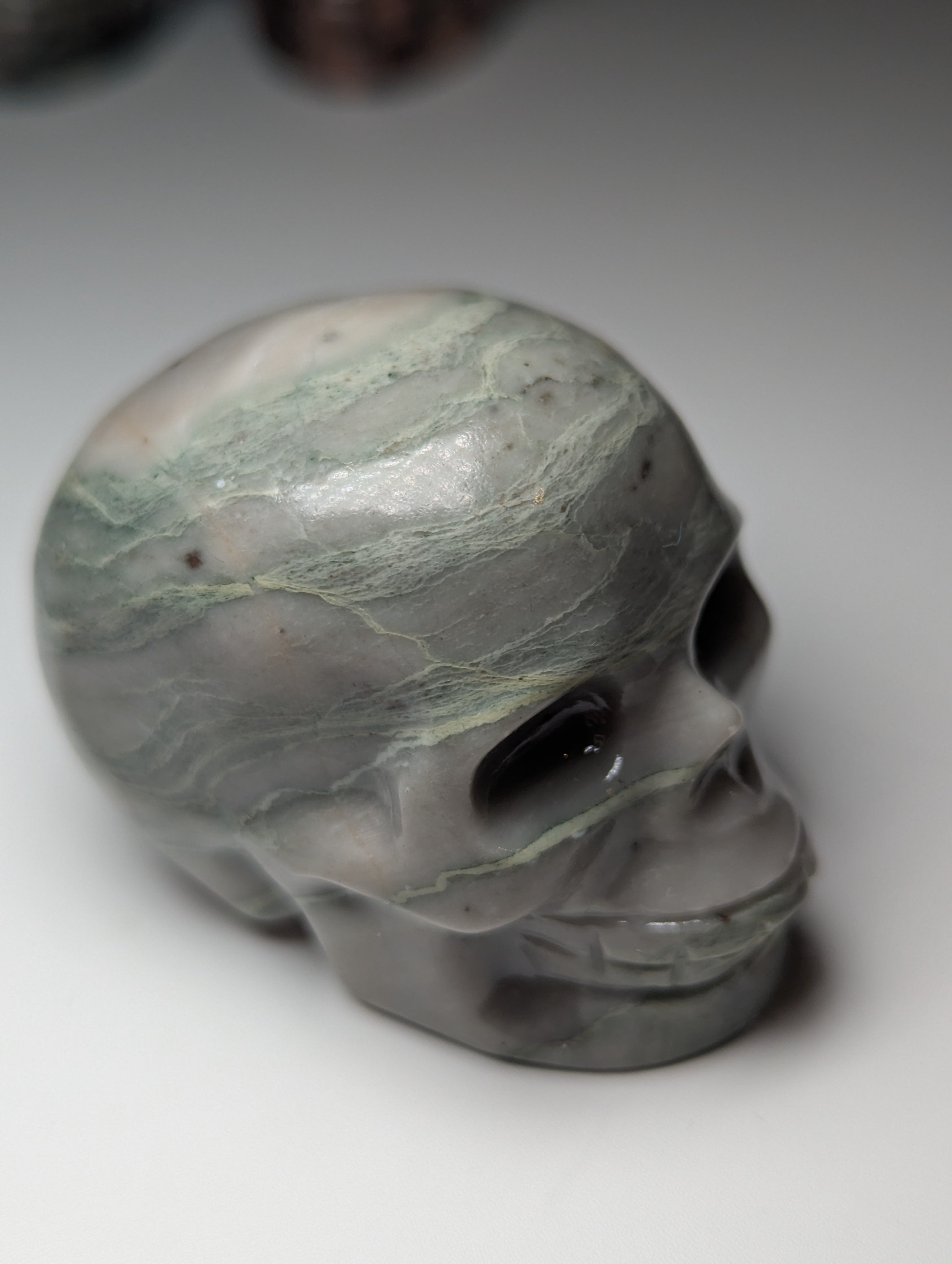 Green vain Jasper crystal skull