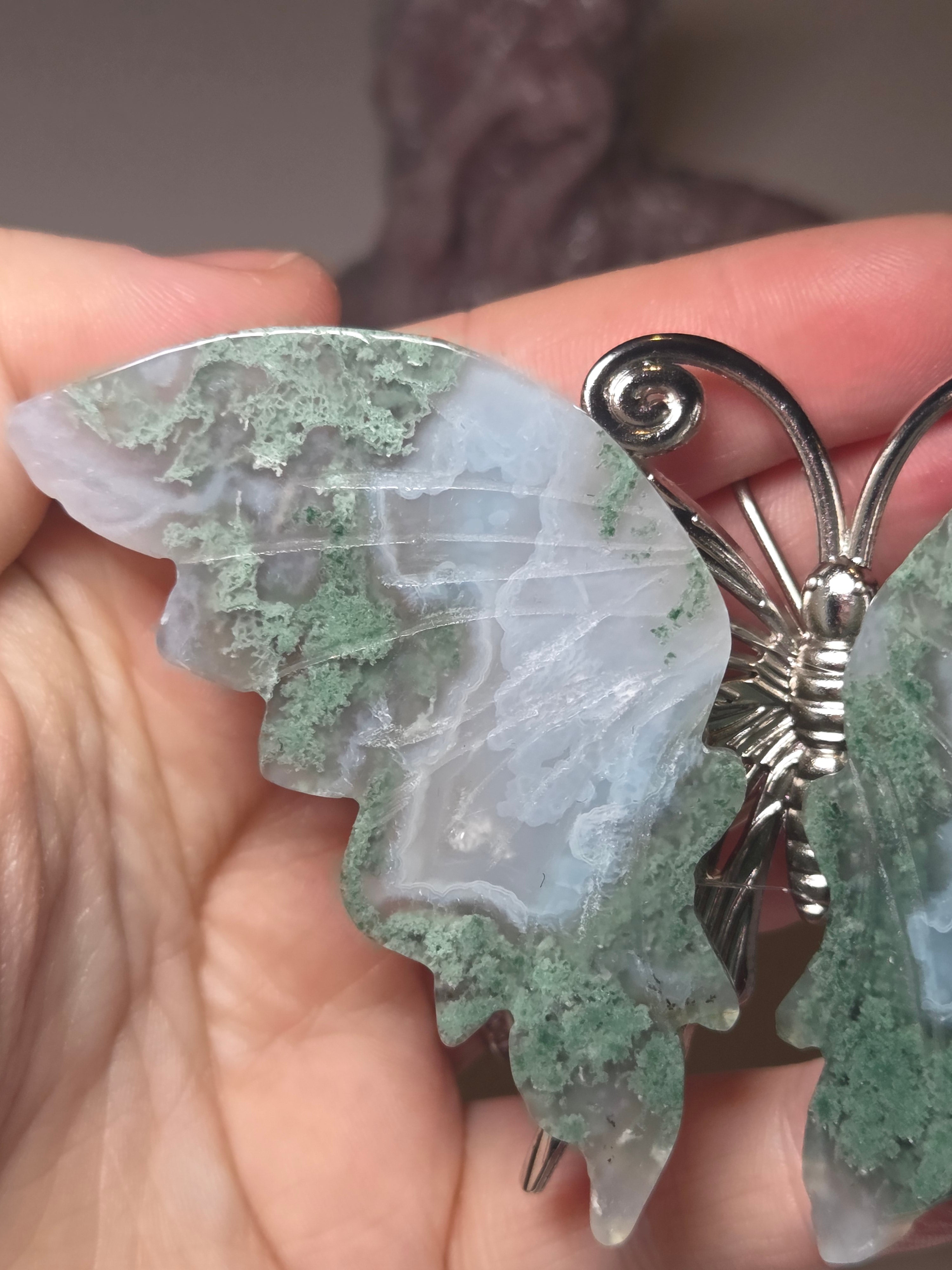 Moss Agate crystal butterfly carving
