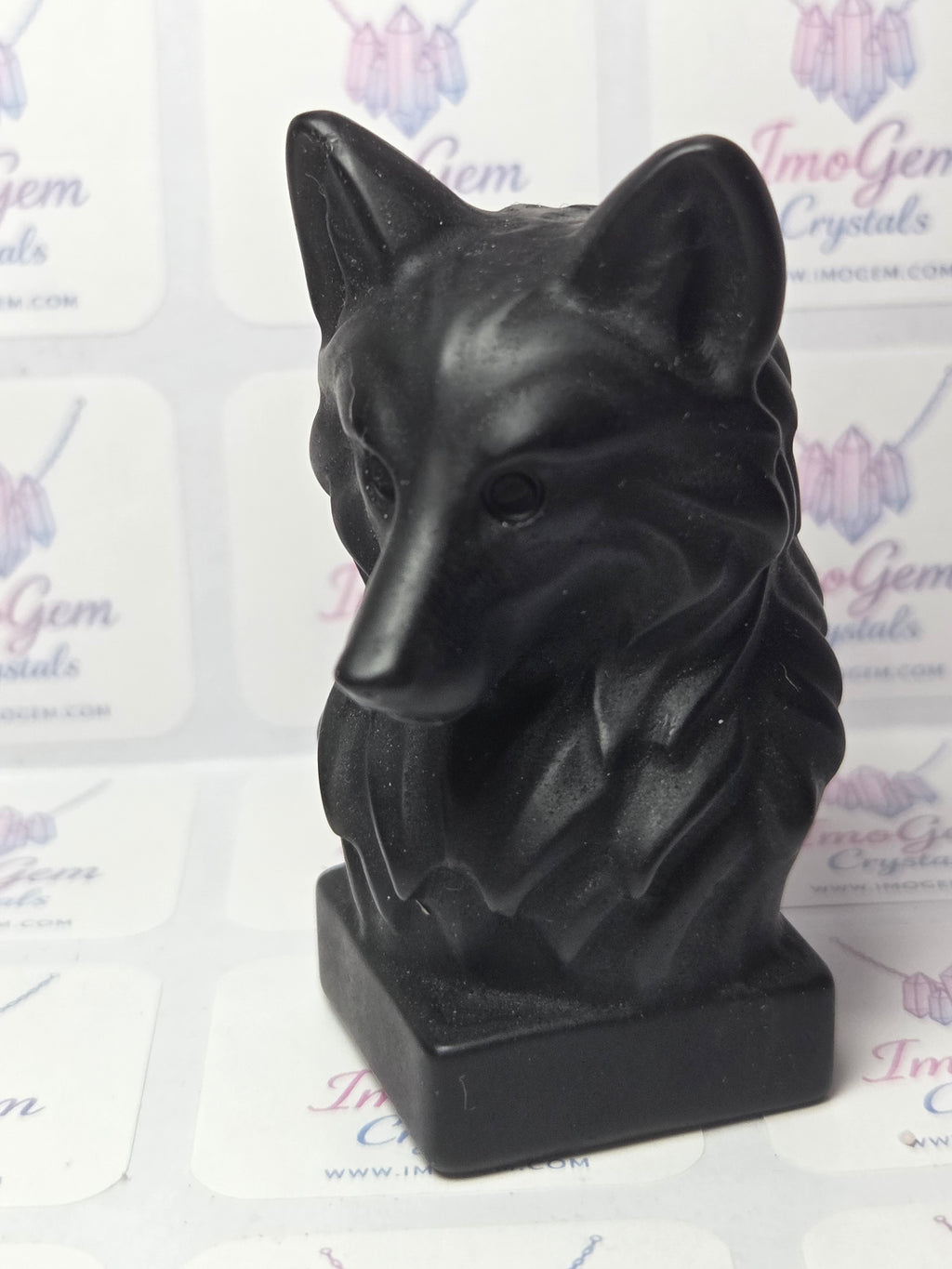 Obsidian crystal wolf head carving