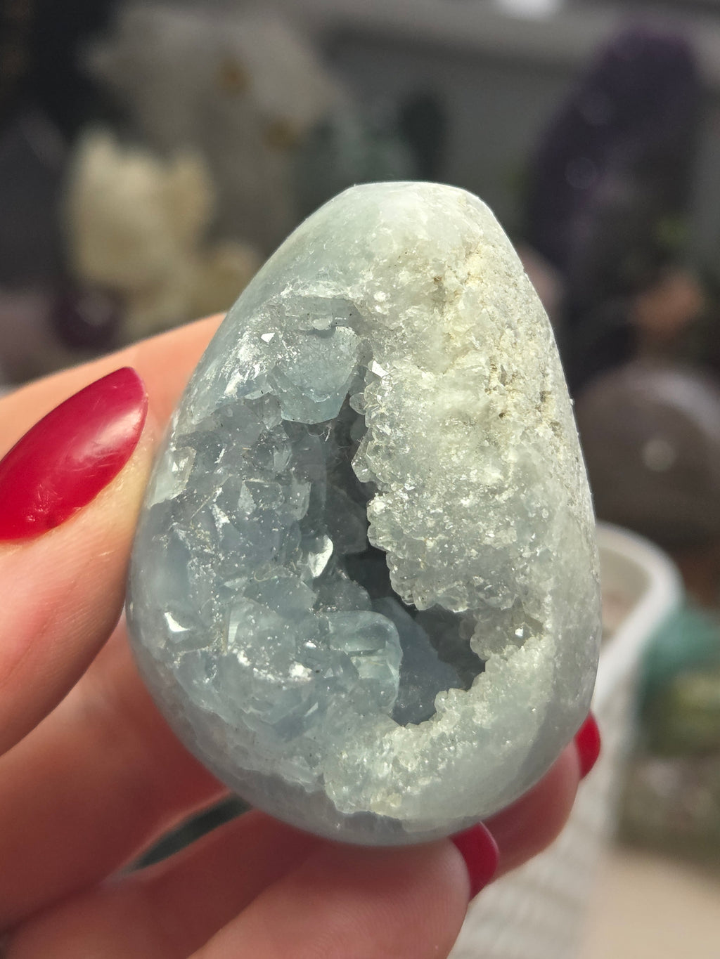 Blue celicite crystal egg carving specimen
