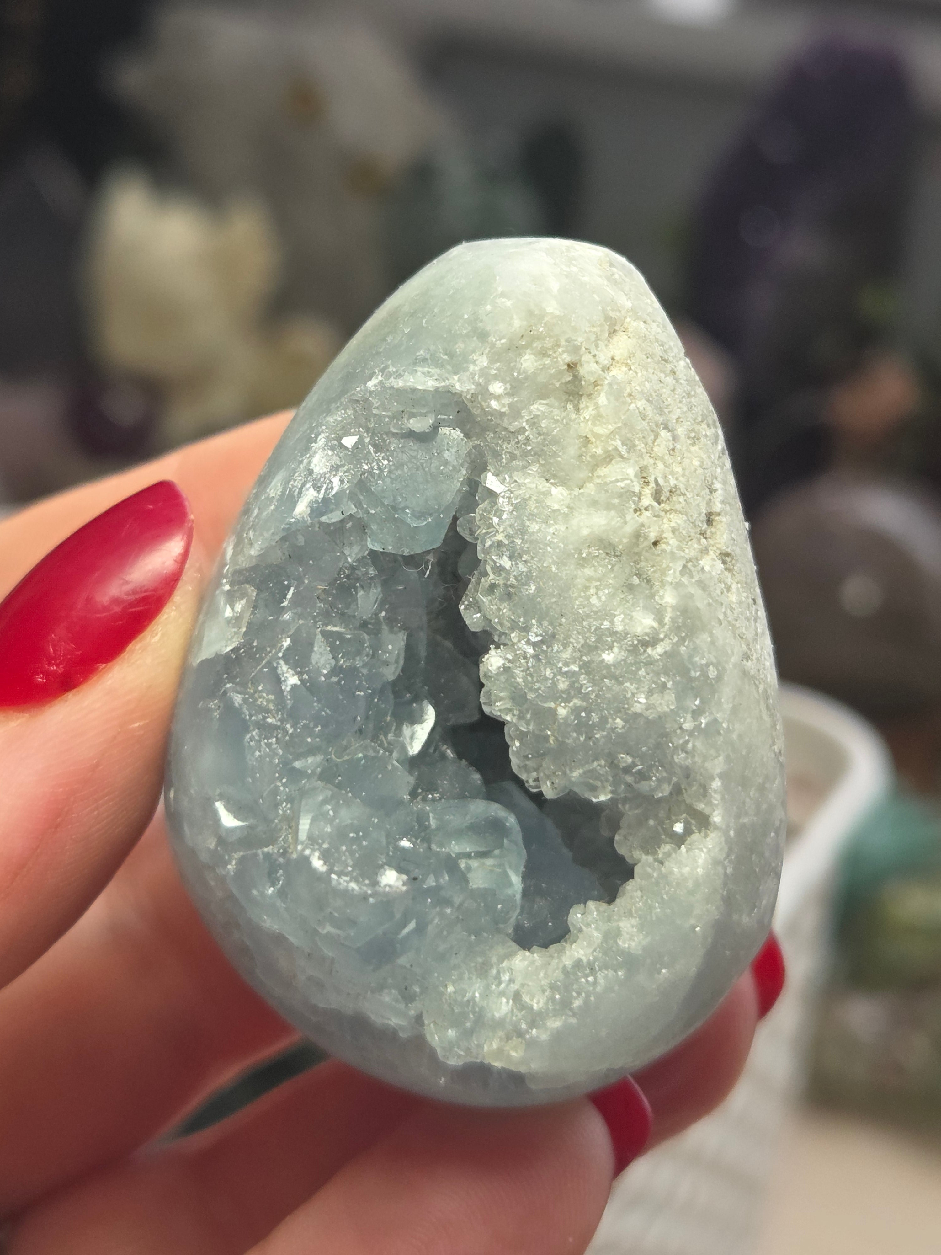 Blue celicite crystal egg carving specimen
