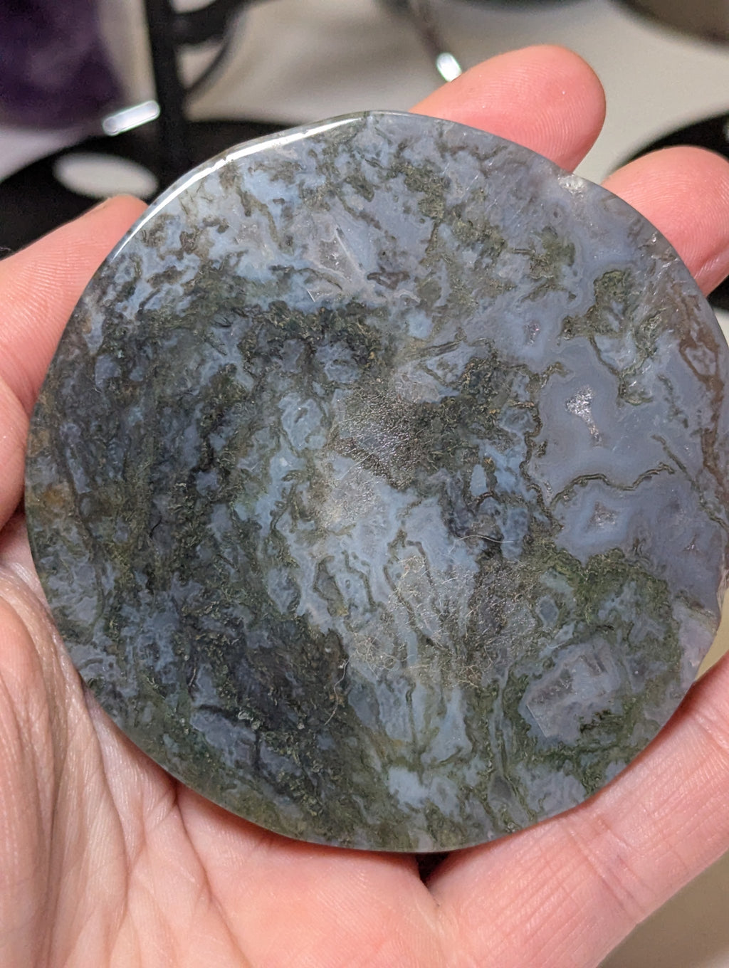 Blue moss agate crystal slice