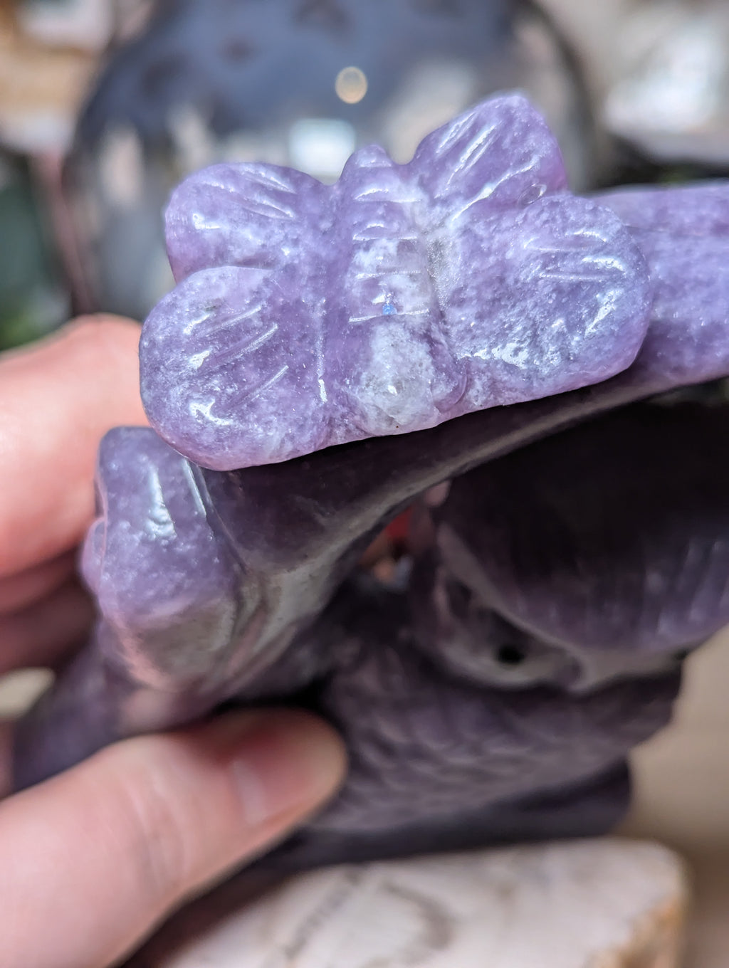 Lepidolite crystal owl with butterfly carving