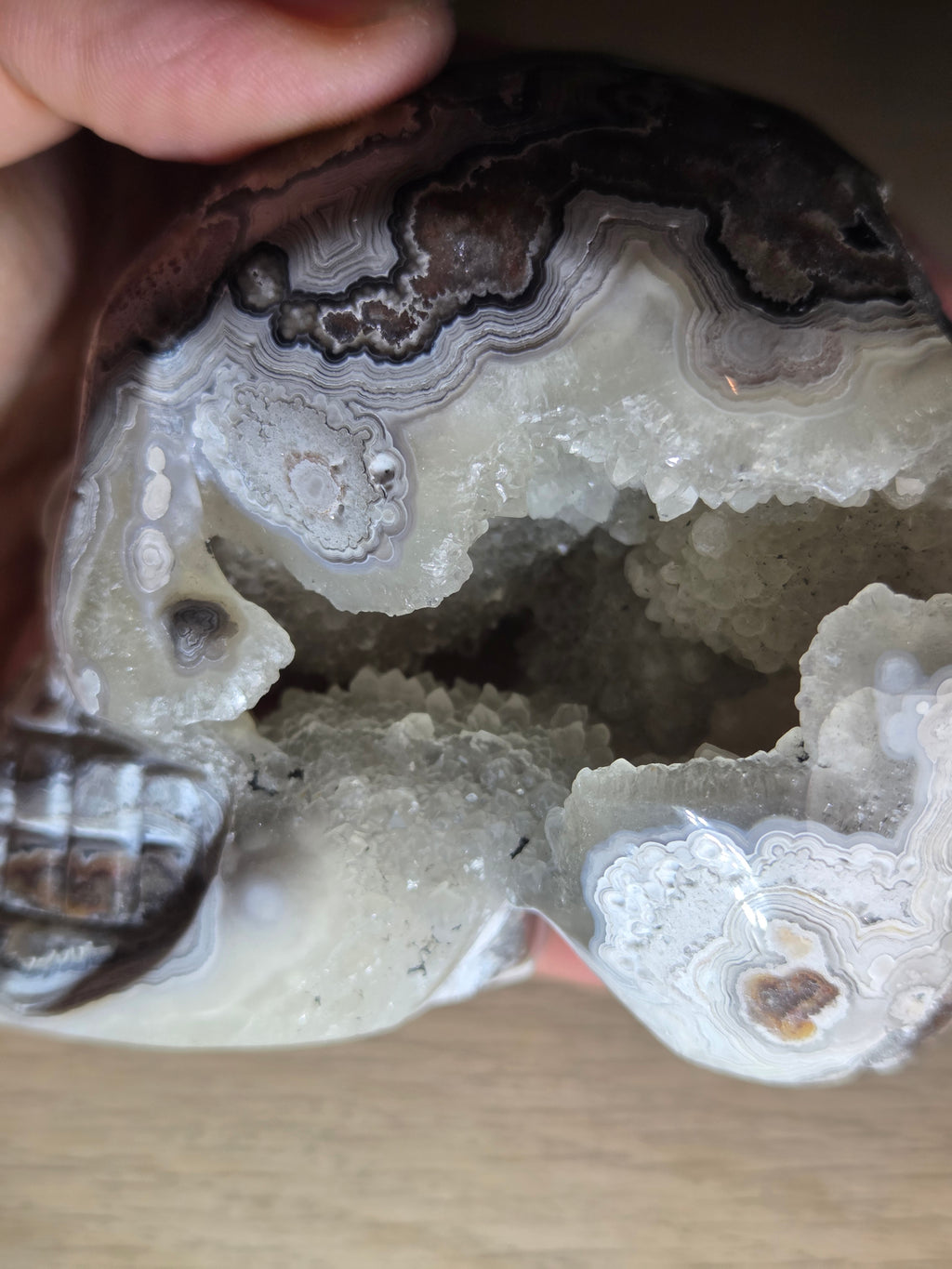 Mexican crazy agate crystal Skull  with open Duzy carving