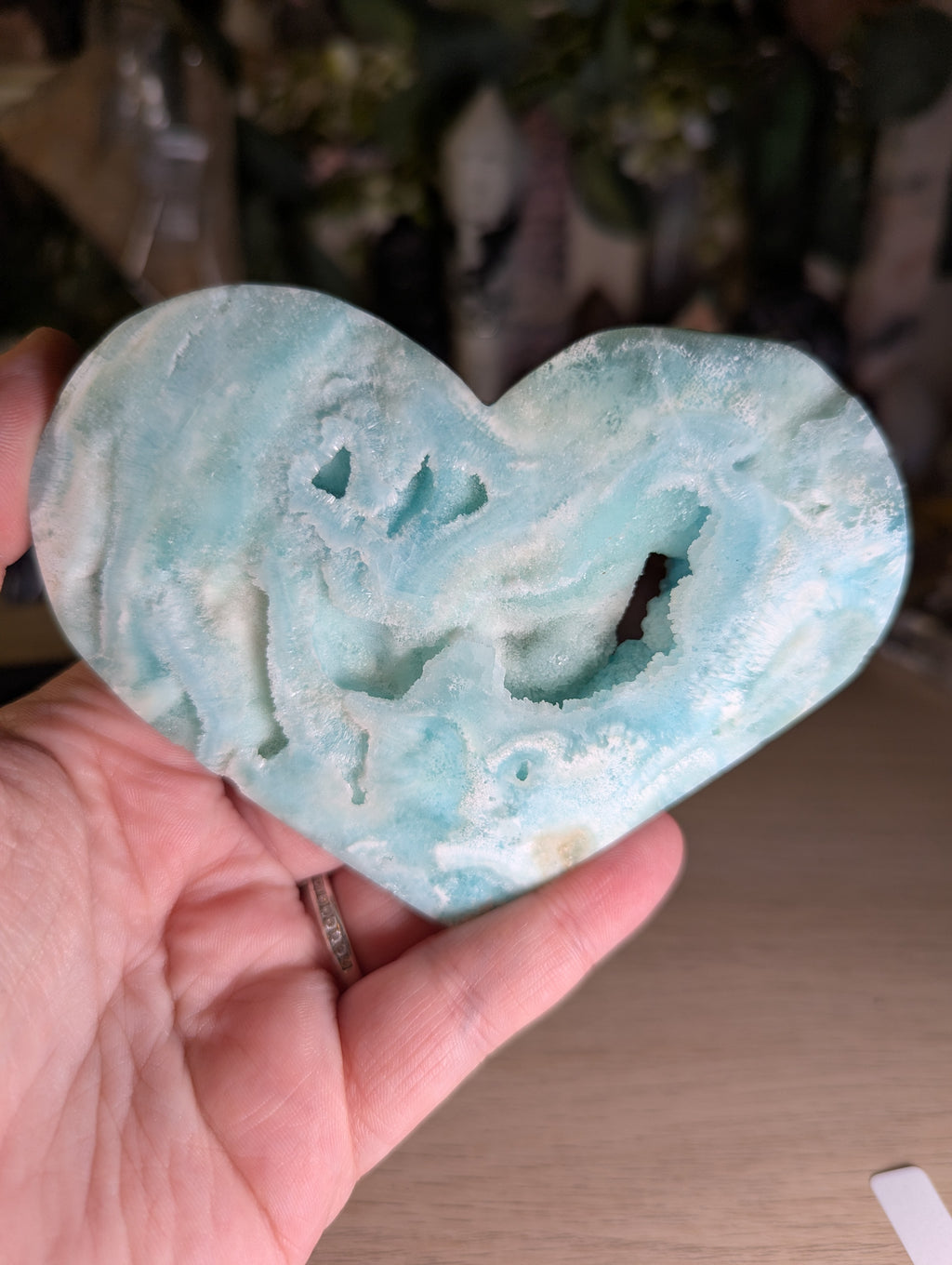 Hemimorphite crystal heart carving with stand
