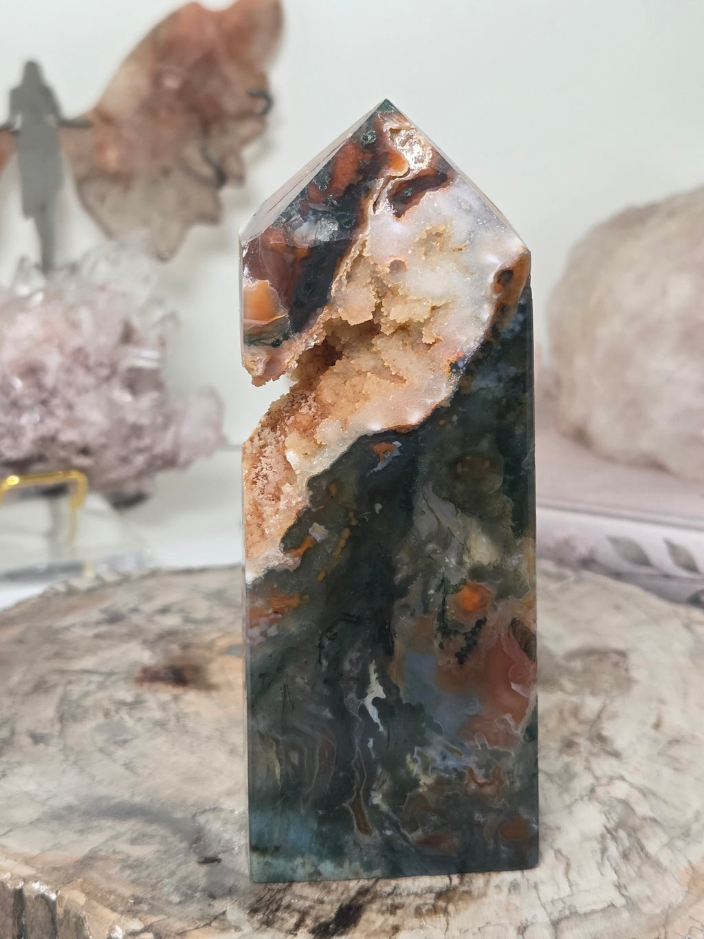Red moss Agate crystal tower