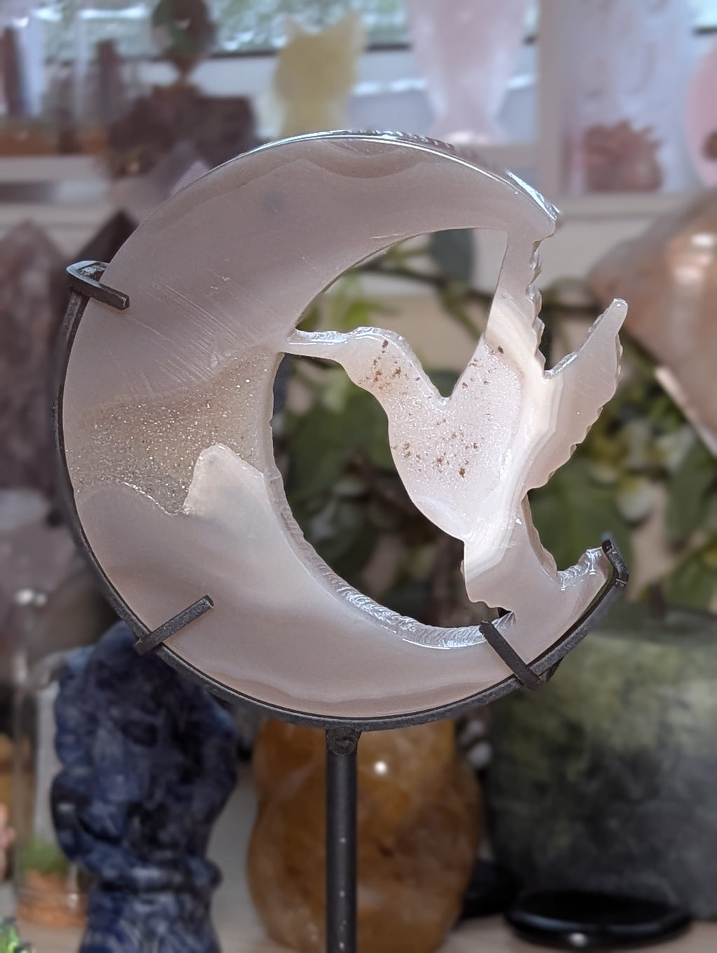 Sparkly Duzy Agate crystal bird with moon and stand