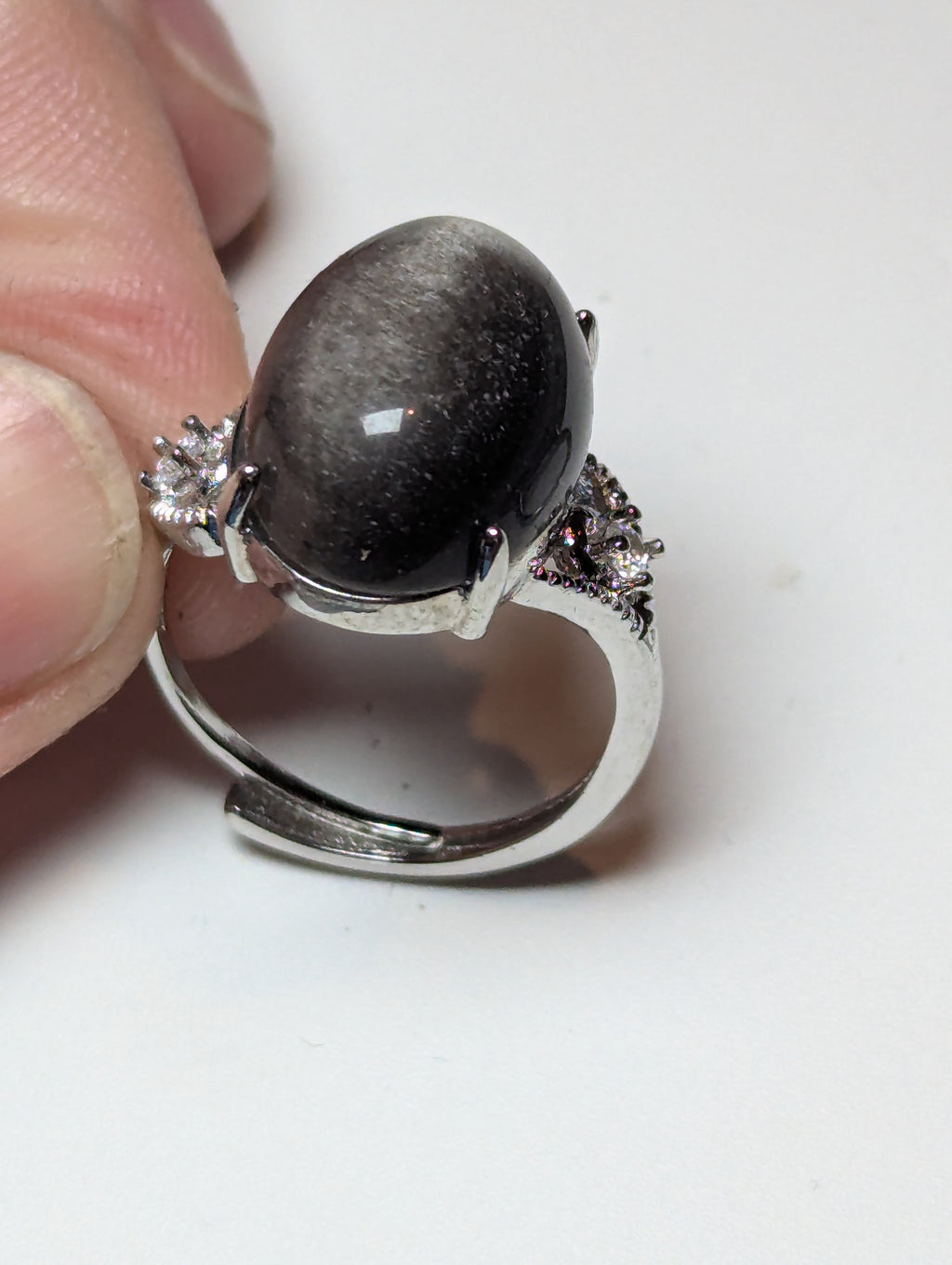 Silver sheen obsidian crystal ring