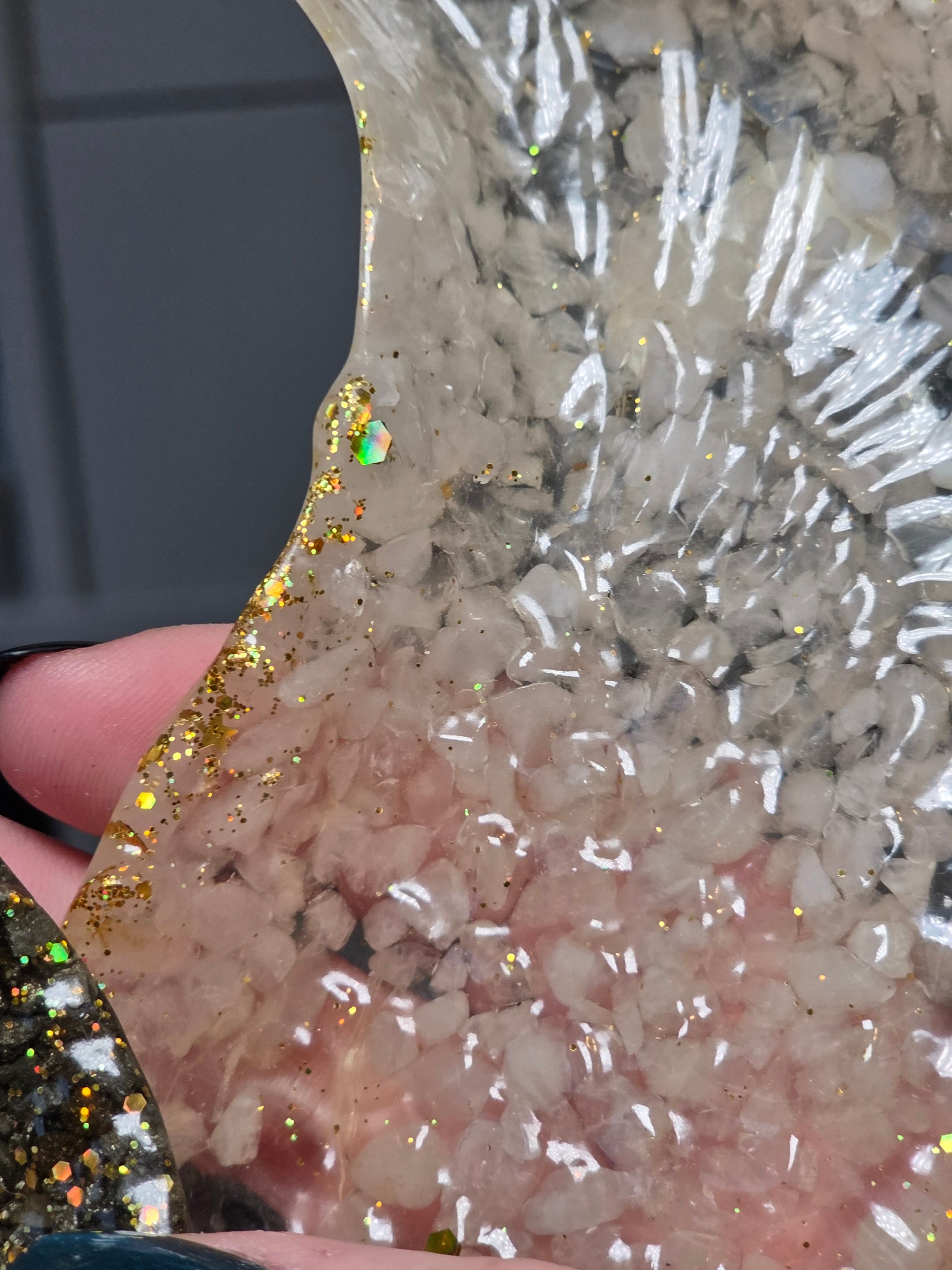 Set of 2 wings one pyrite and other clear quartz bowl