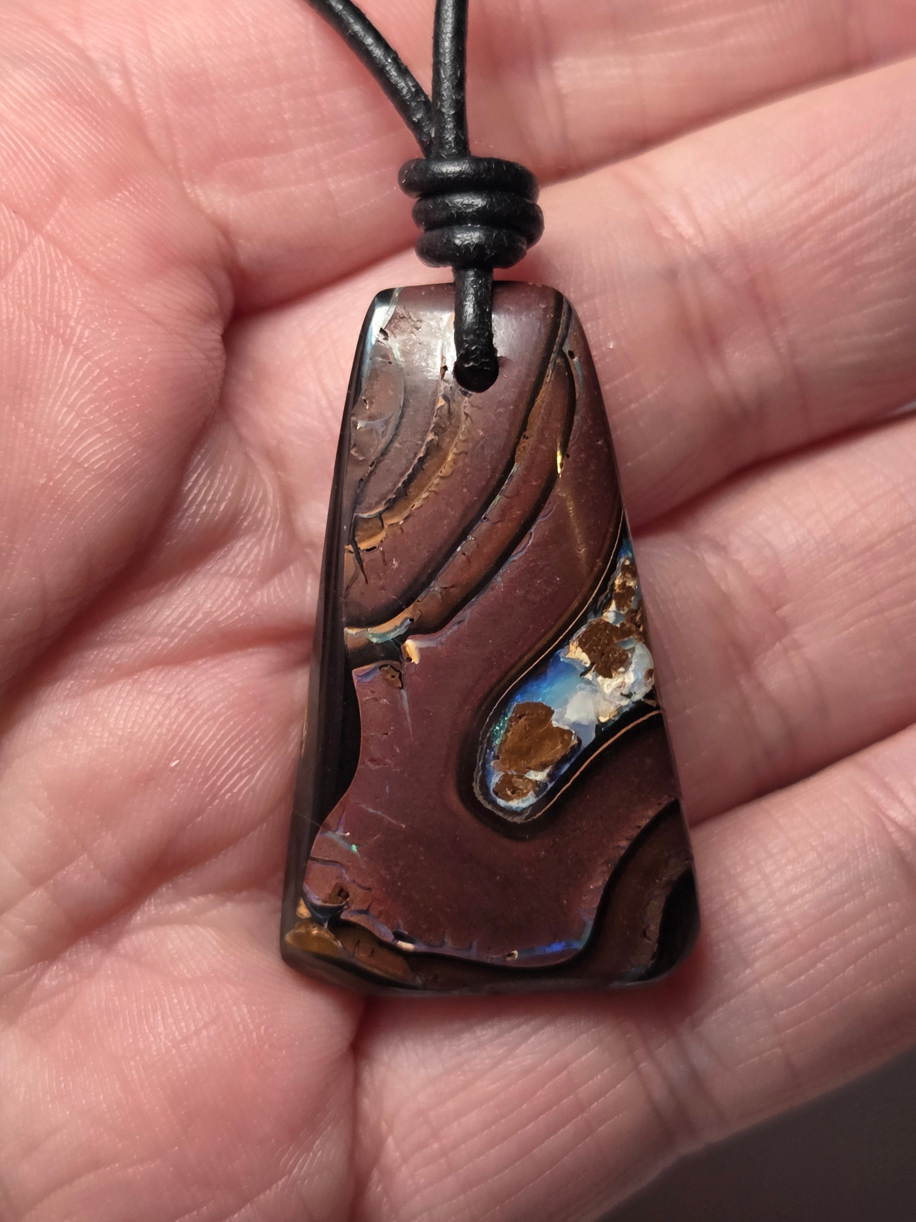 Bolder opal crystal handmade necklace on leather adjustable chain