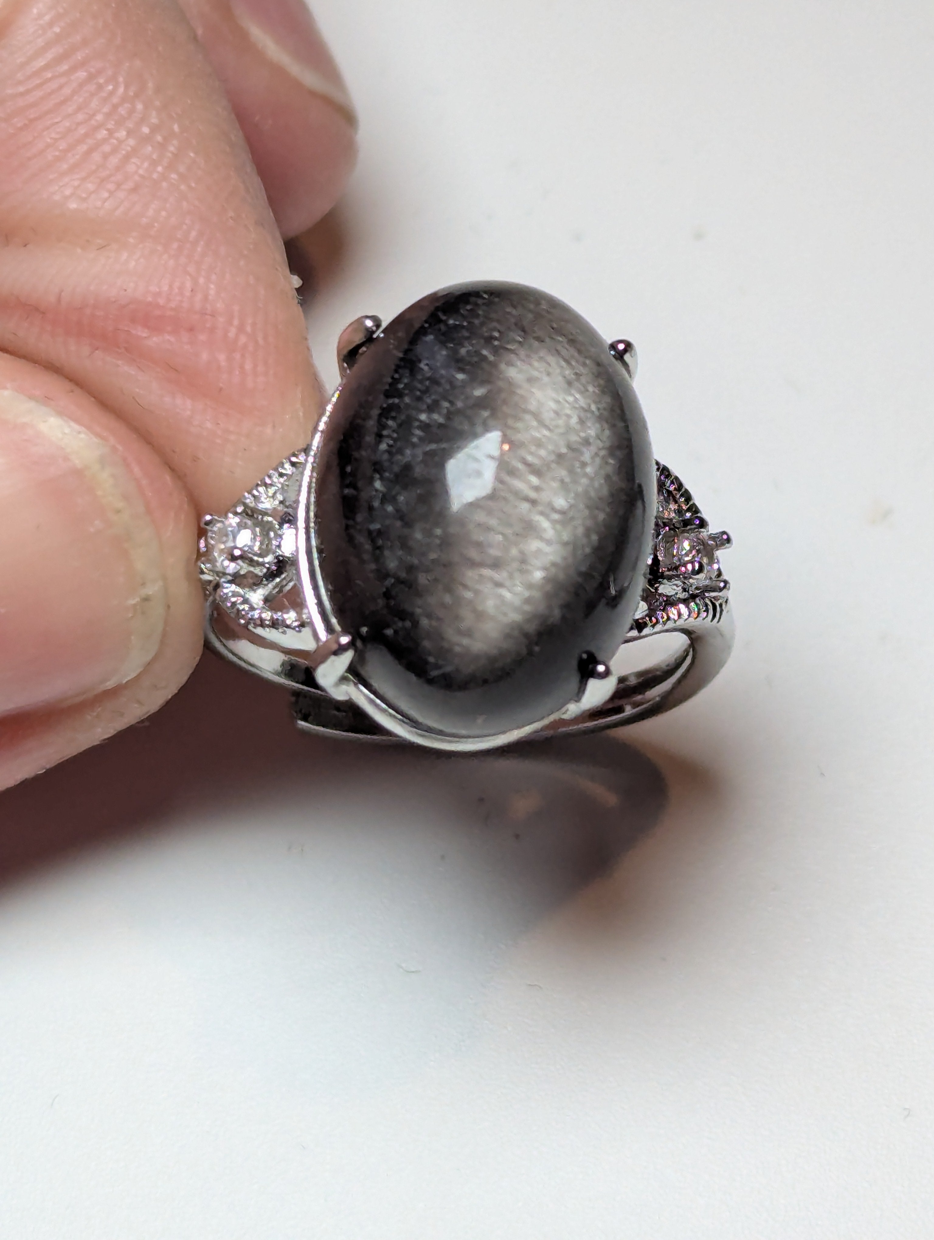 Silver sheen obsidian crystal ring