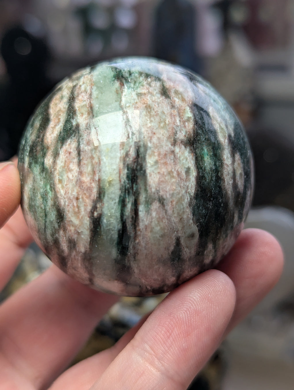 Green mica with plumb blossom tourmaline sphere 5cm