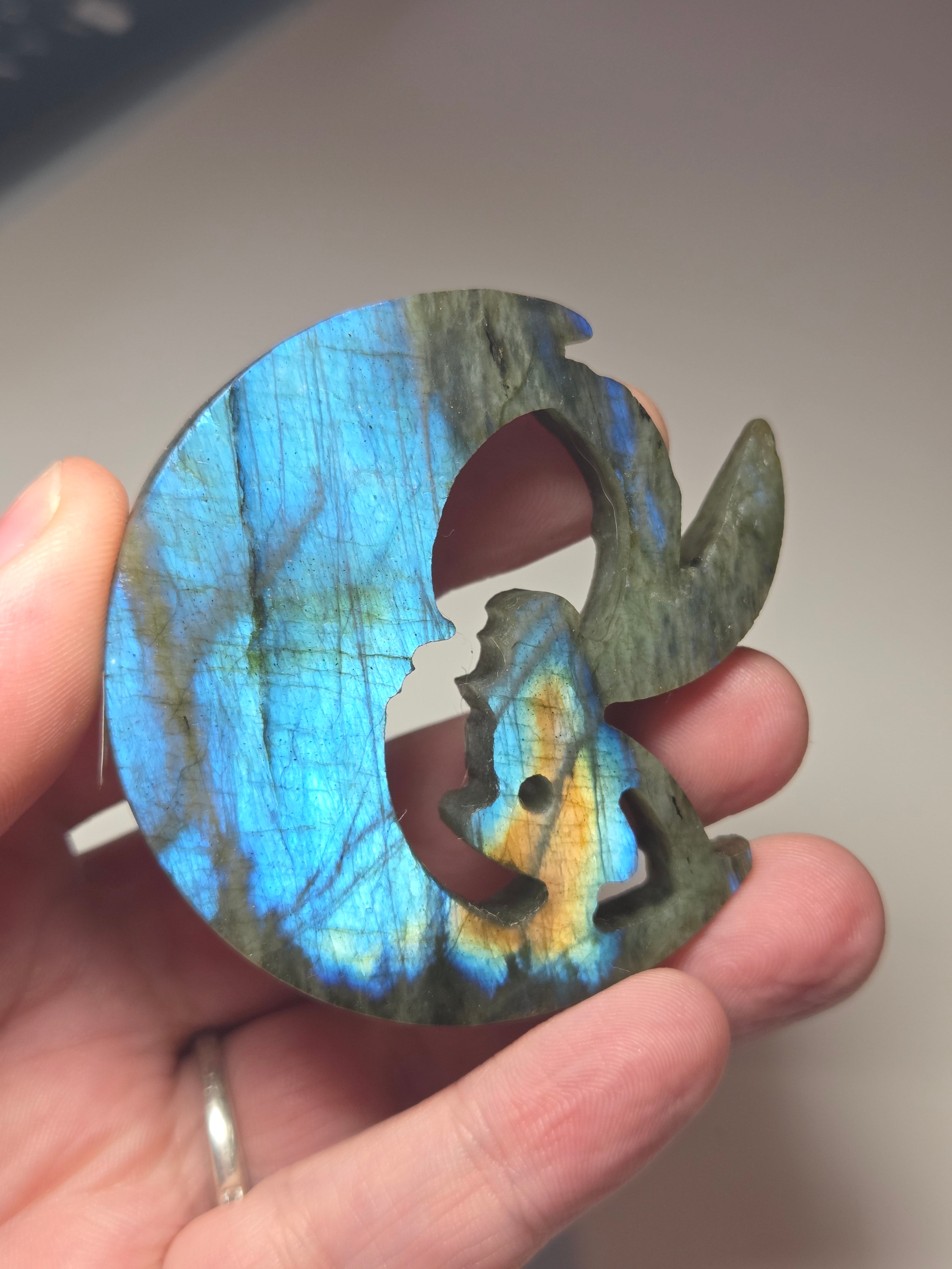 Labradorite crystal fairy moon carving with chair stand