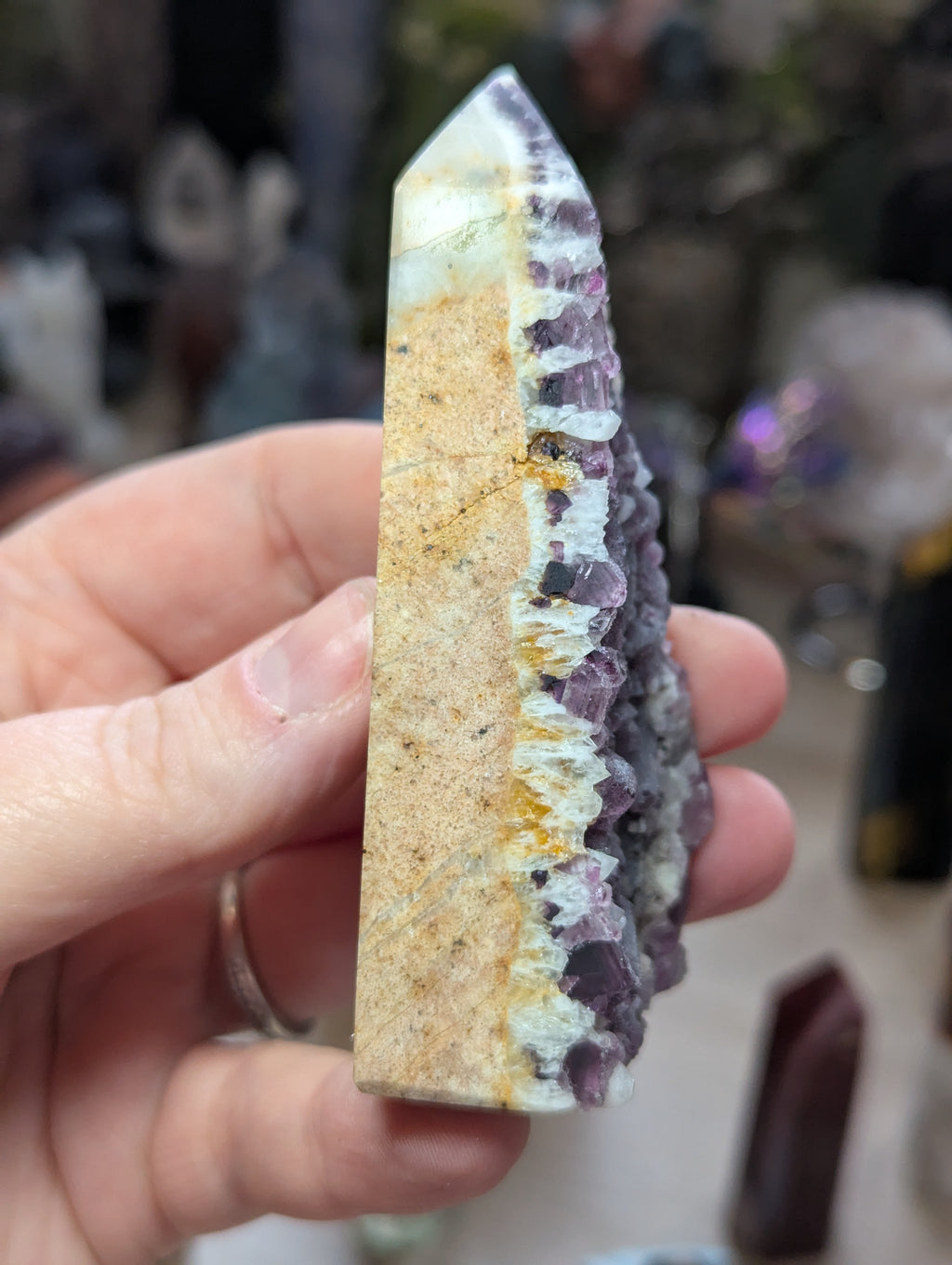 Raw flourite crystal tower carving