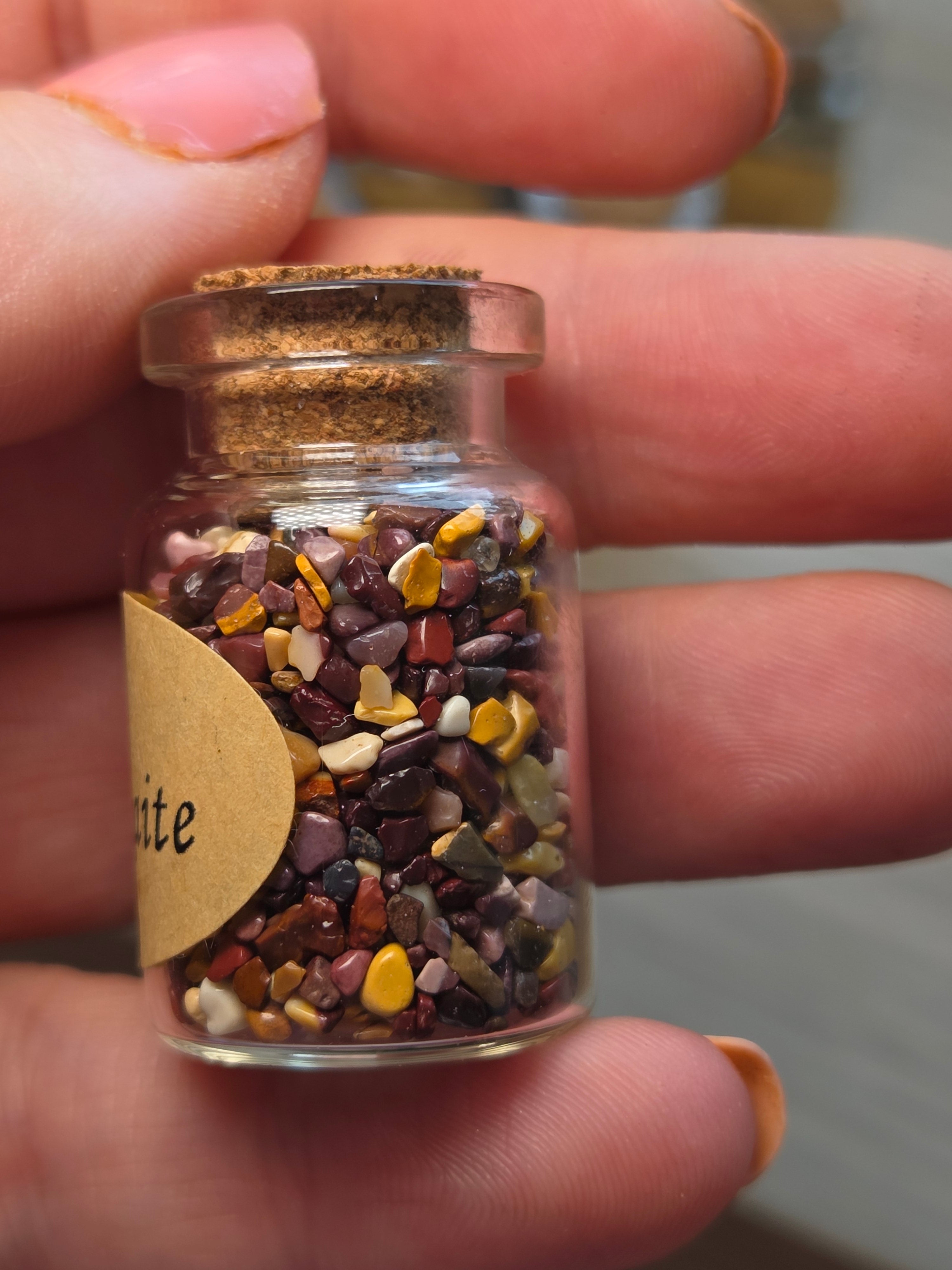 Crystal chips in glass jar