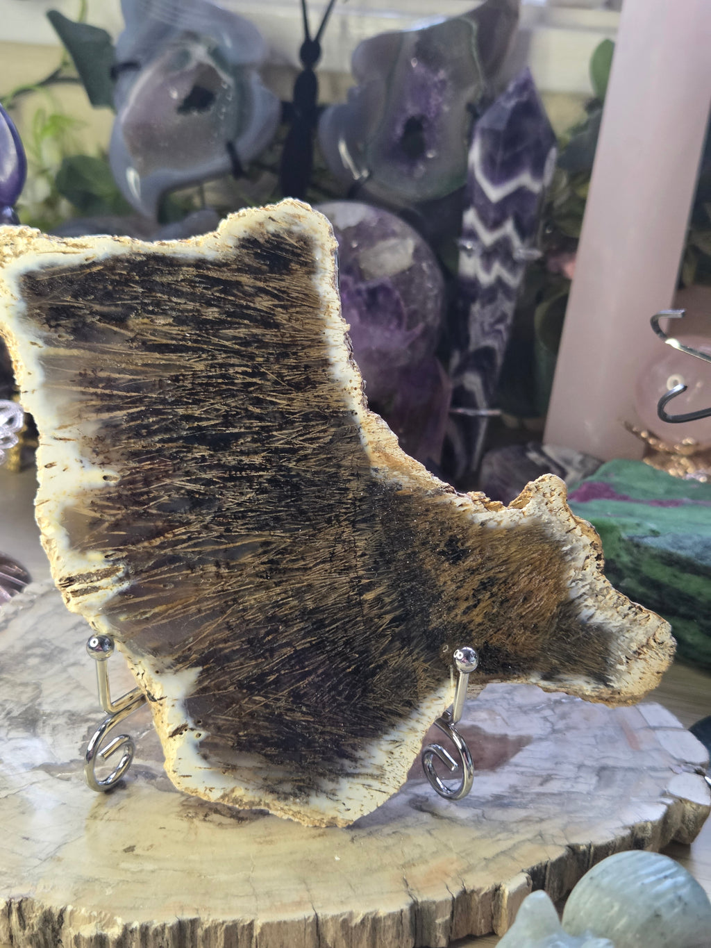Golden rutile in black agate crystal  slice