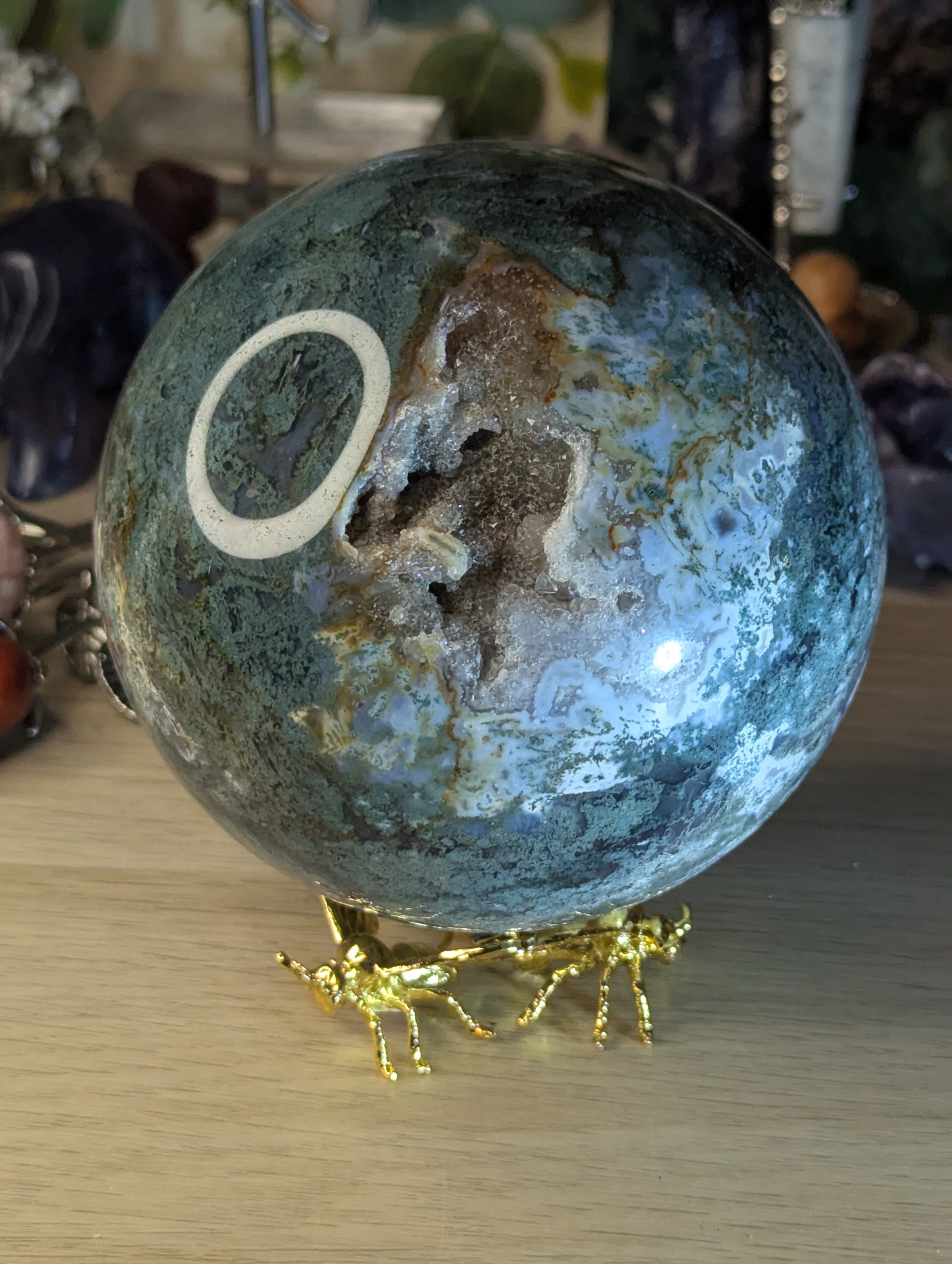 New 50% off on check out XL Moss Agate crystal sphere with stand over 13cm
