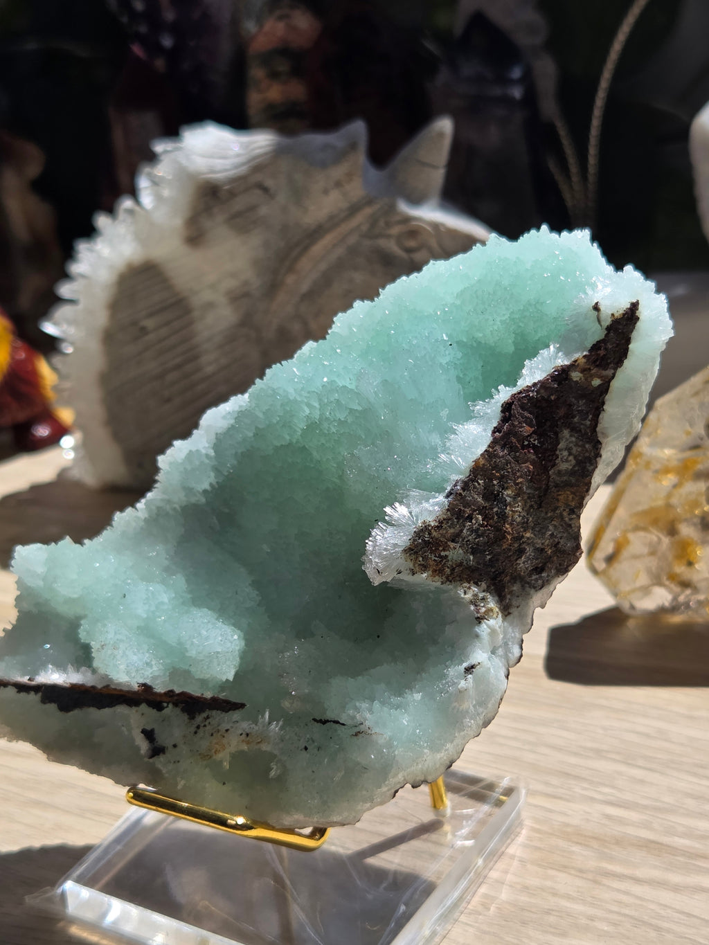 Blue aragonite mineral specimen raw with stand