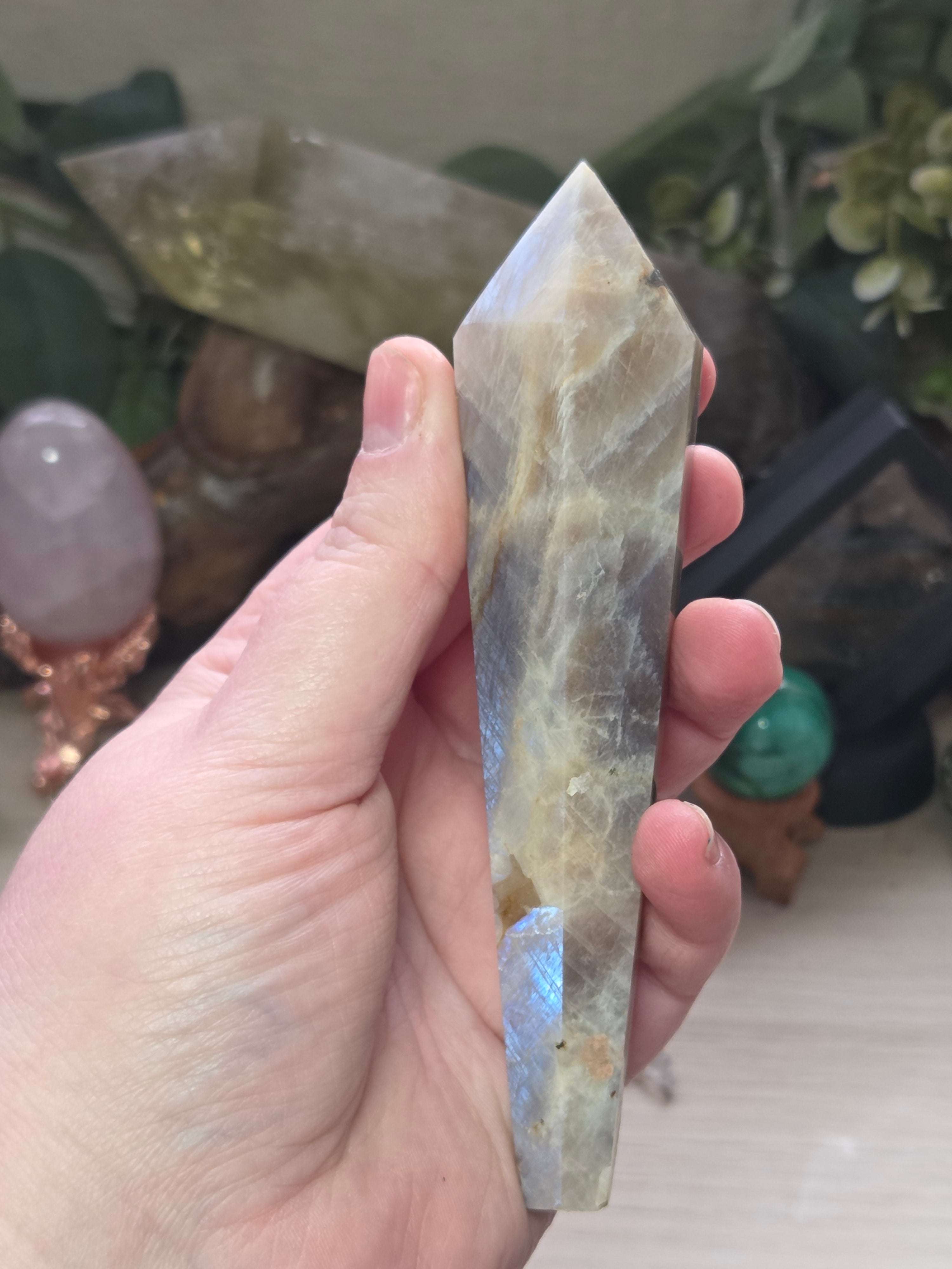 Rainbow moonstone and sunstone crystal wand carving with stand