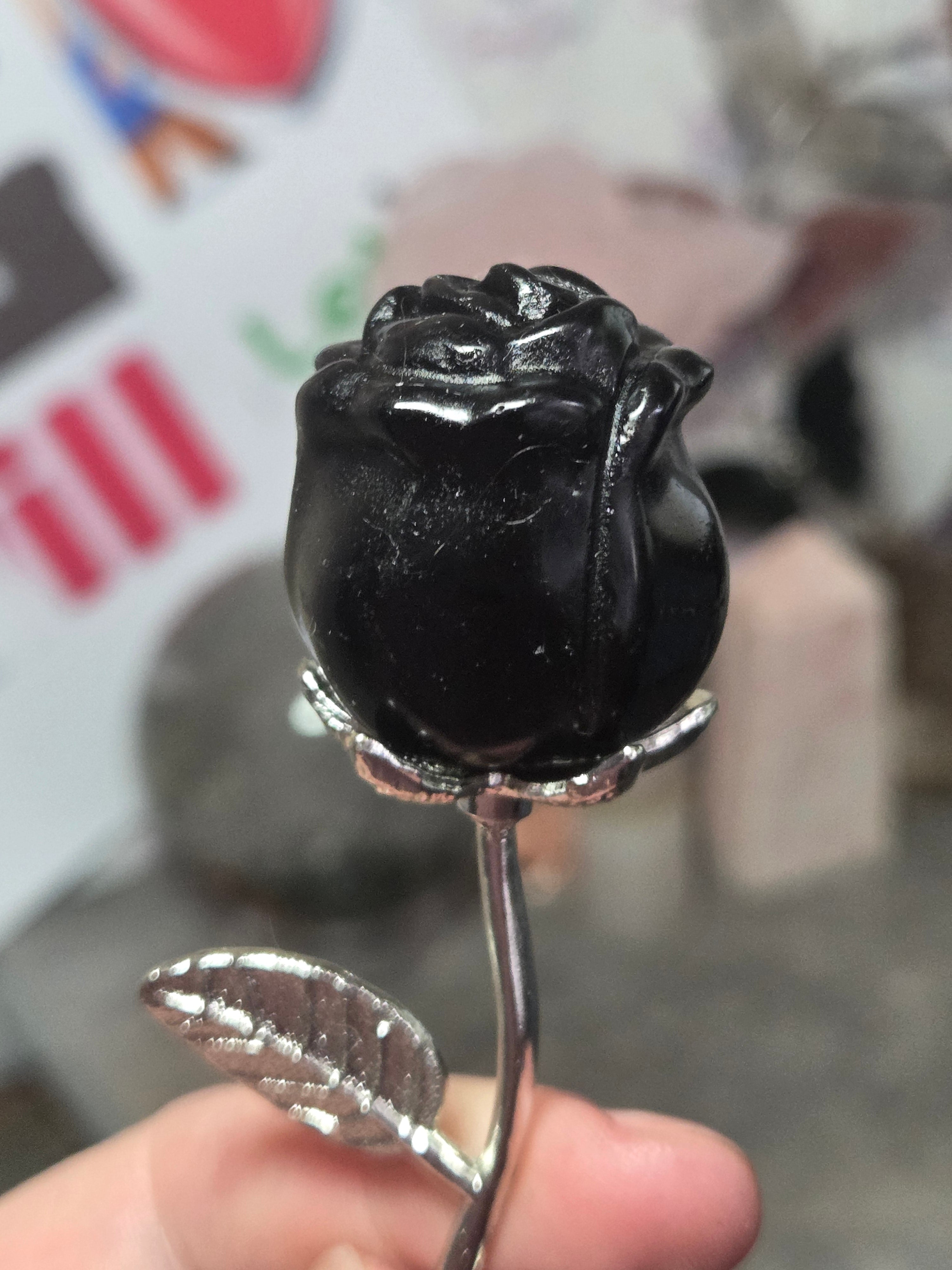 Obsidian crystal rose with stem
