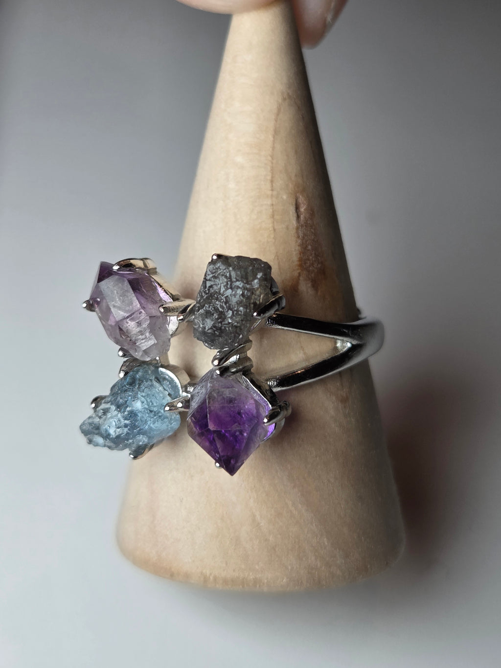 Aquamarine super 7 and heckimeer Diamond crystal adjustable ring