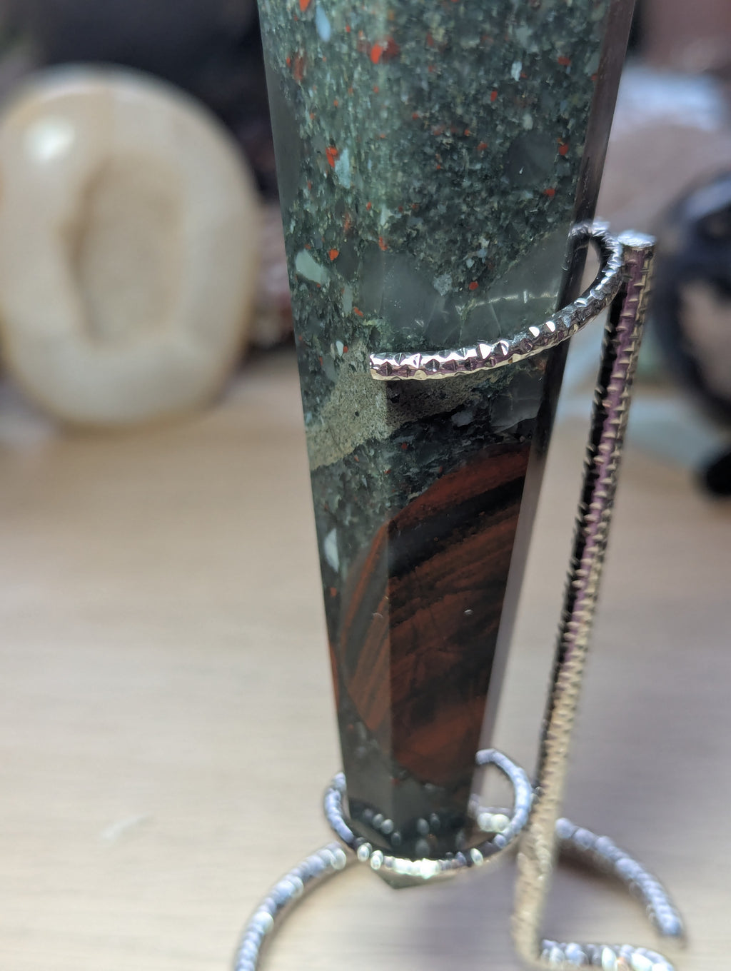 African blood stone crystal wand with stand