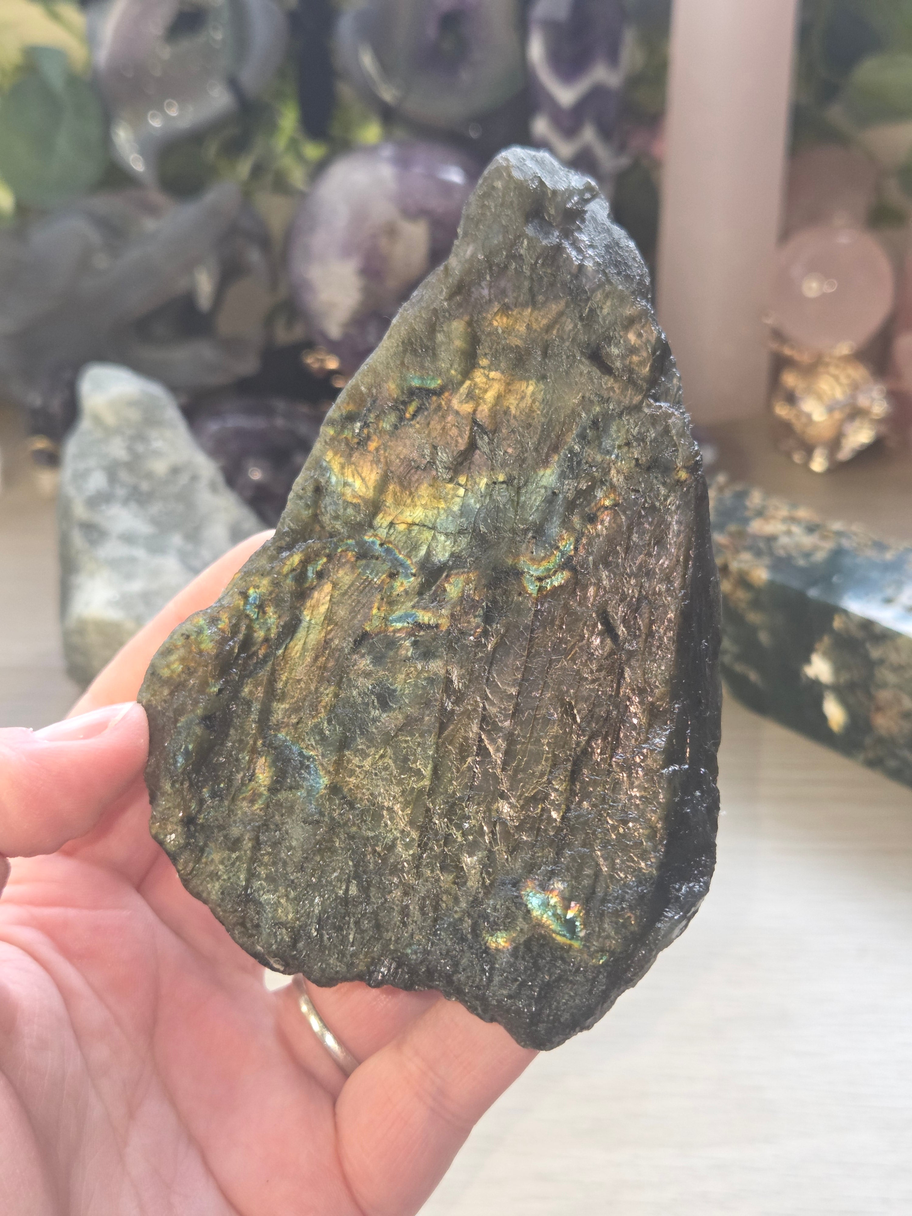 Large labidorite crystal raw crystal with Stand