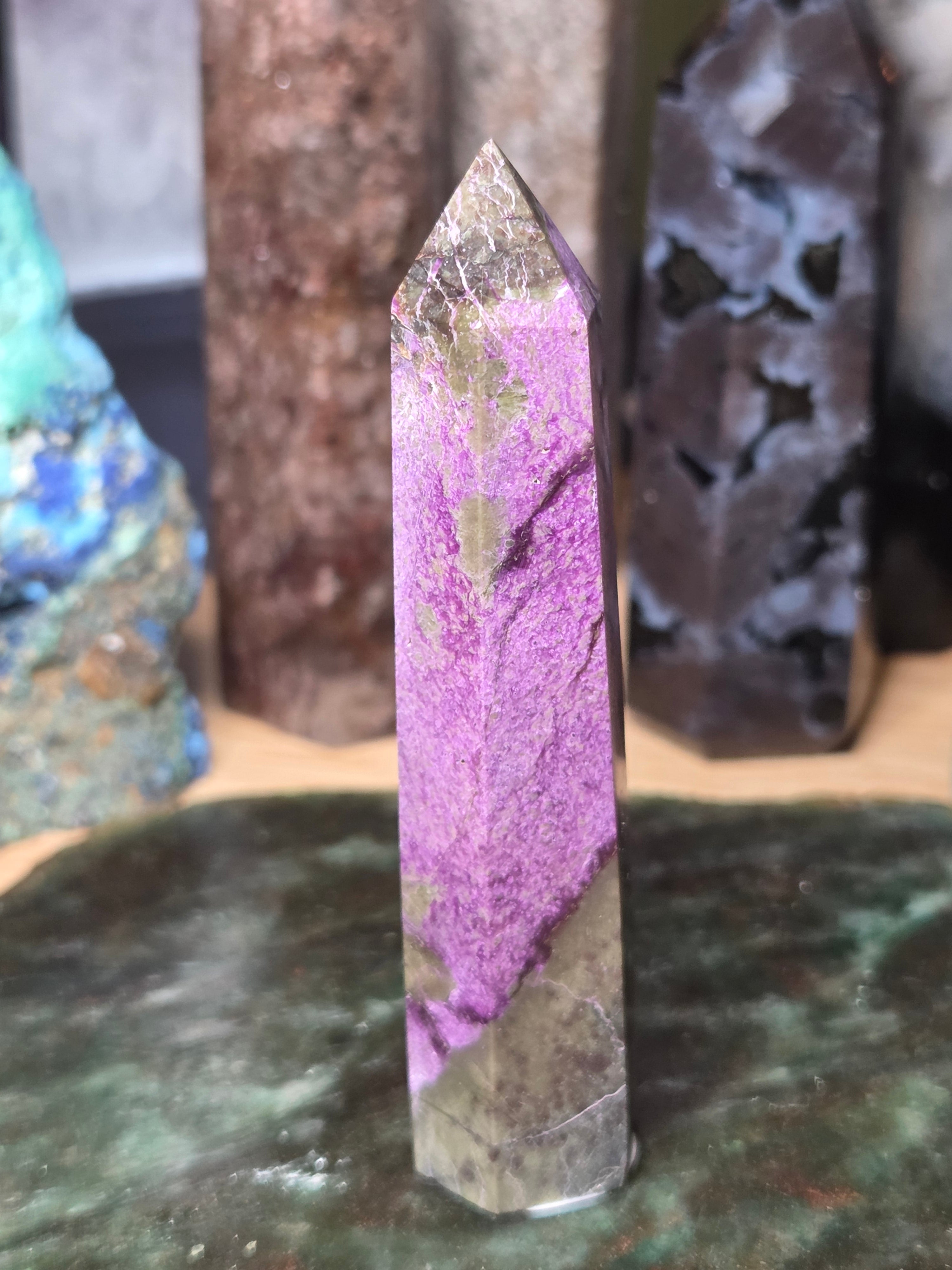 Purple stichtite crystal tower