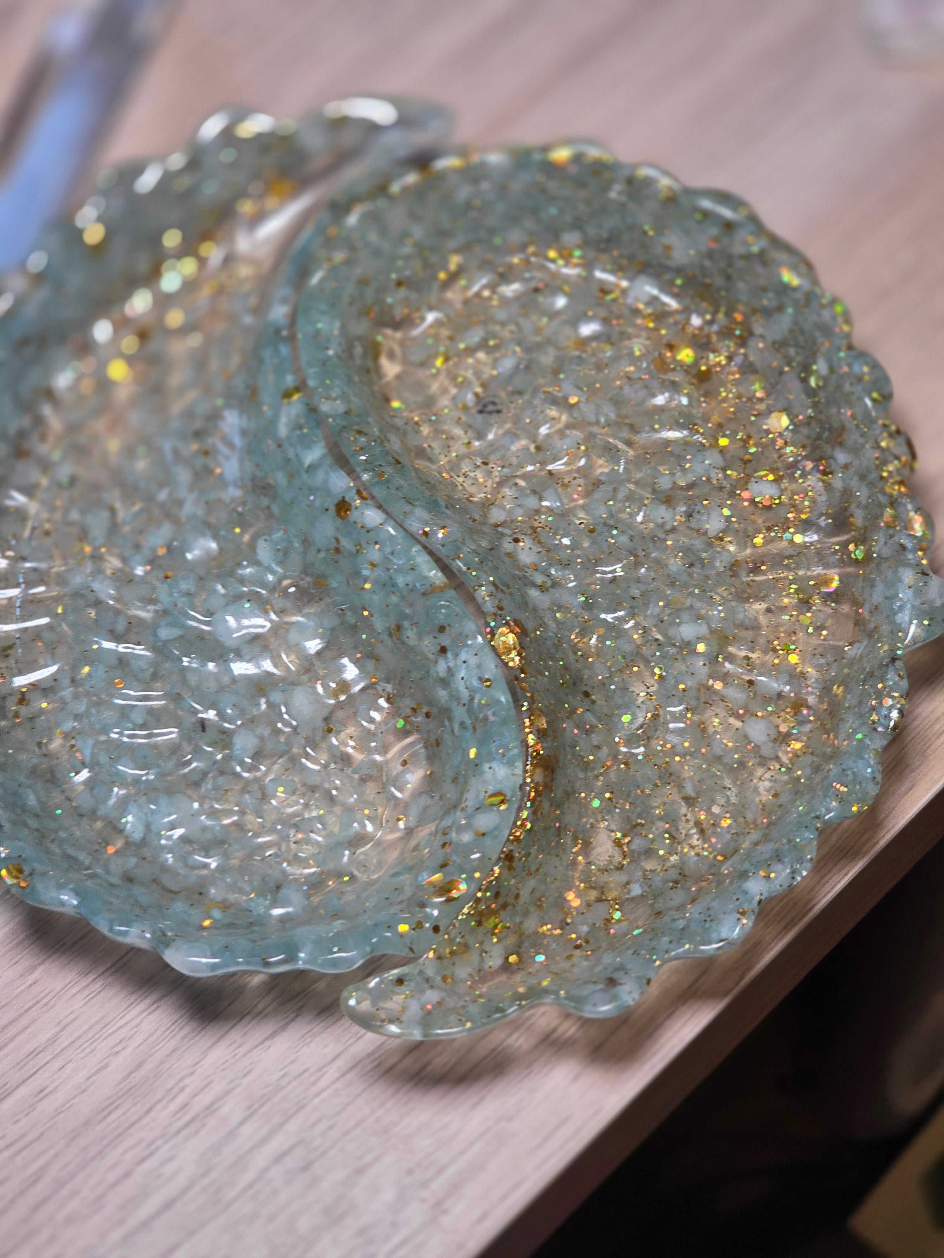 Aquamarine crystal  chips set in resin set of 2 bowls